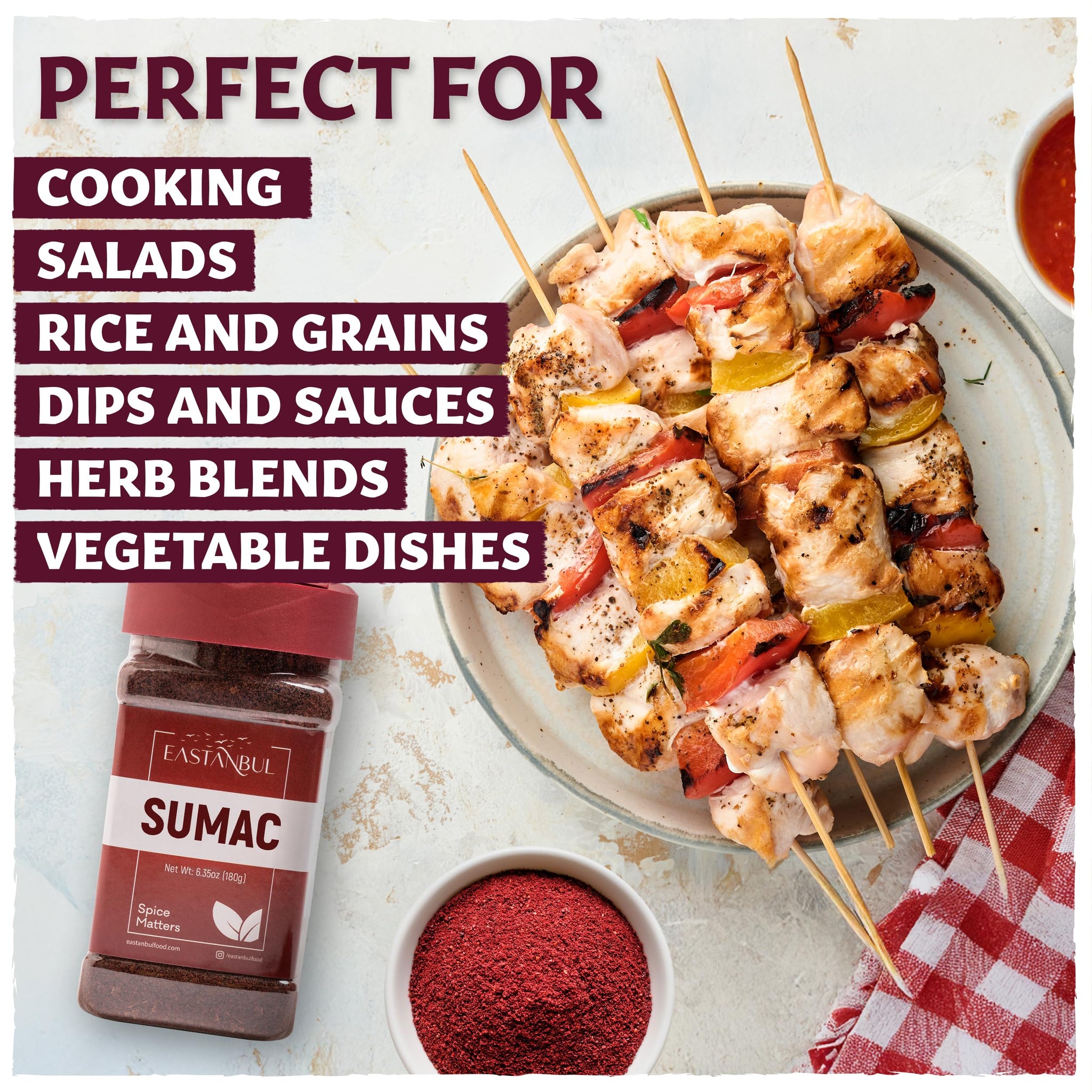 Eastanbul Sumac Spice, 6.4oz, Ground Sumac, Fresh Farm Turkish Spice Seasoning for Mediterranean Dishes & Middle Eastern Dishes, Spicely Powder