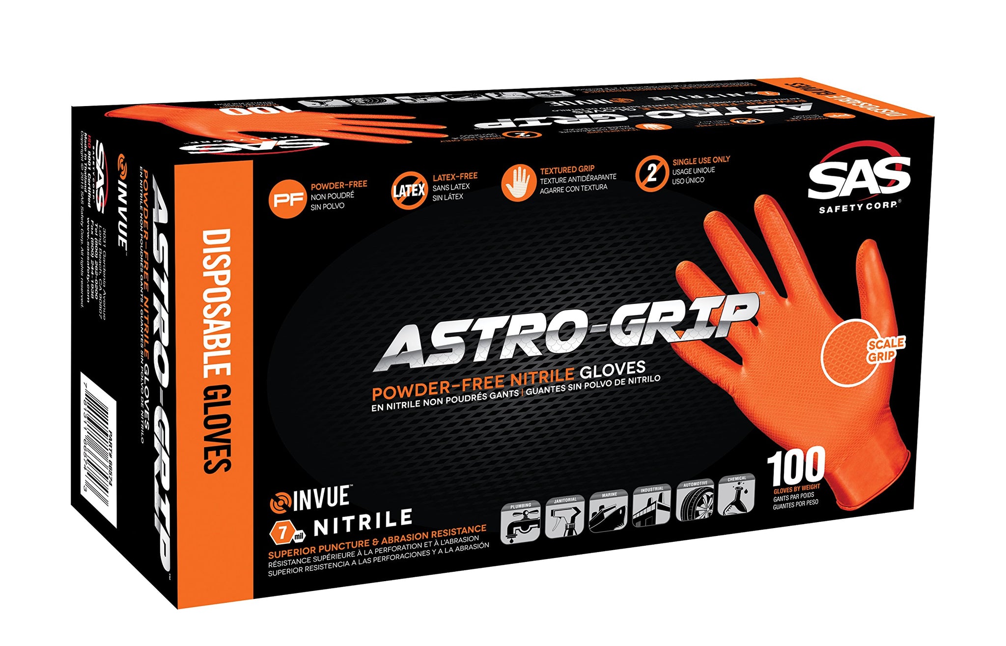 SAS Safety 66573 Astro-Grip Powder?Free 7 Mil Nitrile Gloves, Large, Orange 100/BX