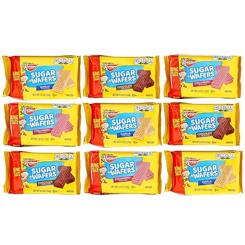 Keebler Sugar Wafers King Size 9 Count Variety Pack, 4.4oz Individual Wafer Cookies, Chocolate, Strawberry & Vanilla Wafers, The Hampton Candy Company