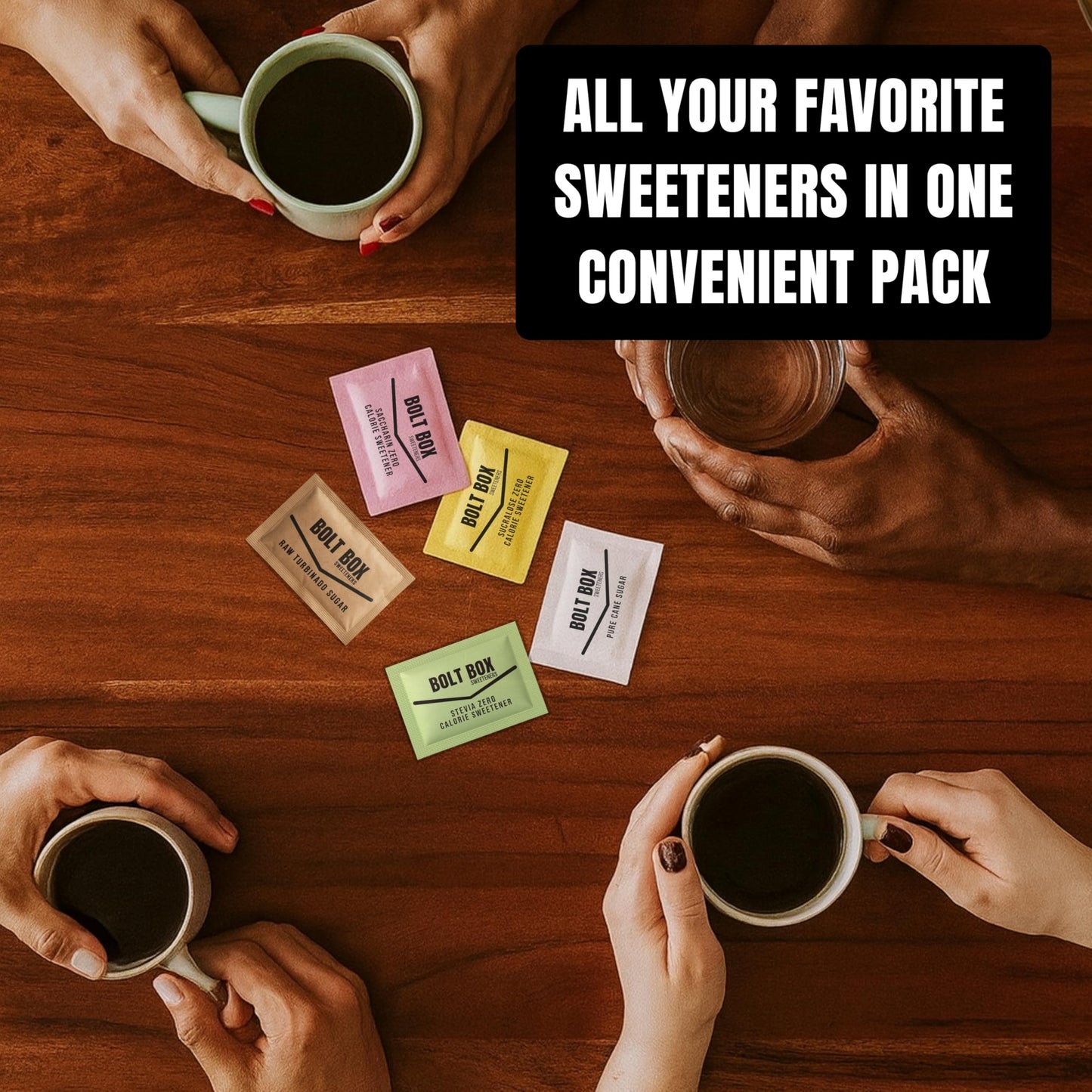 (300 total, 50 each) Bolt Box Sugar & Sugar Substitute Packets Assorted Variety Pack (Turbinado, Cane, Pink Saccharin, Yellow Sucralose, Green Stevia, Stir Straws)