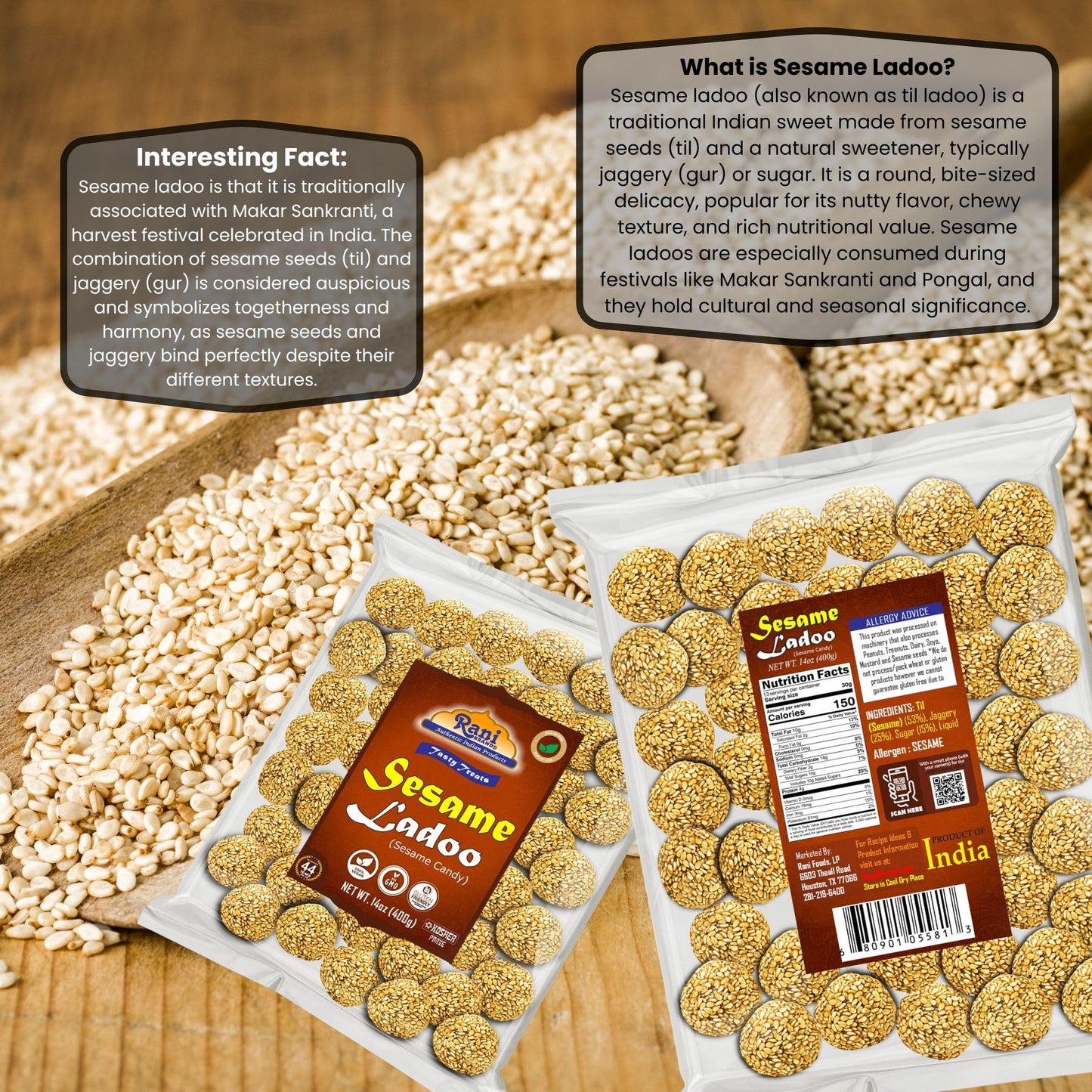 Rani Sesame Ladoo (Round Sesame Brittle Candy) 14oz (400g) ~ All Natural | Vegan | No colors | Gluten Friendly | Kosher | Indian Origin