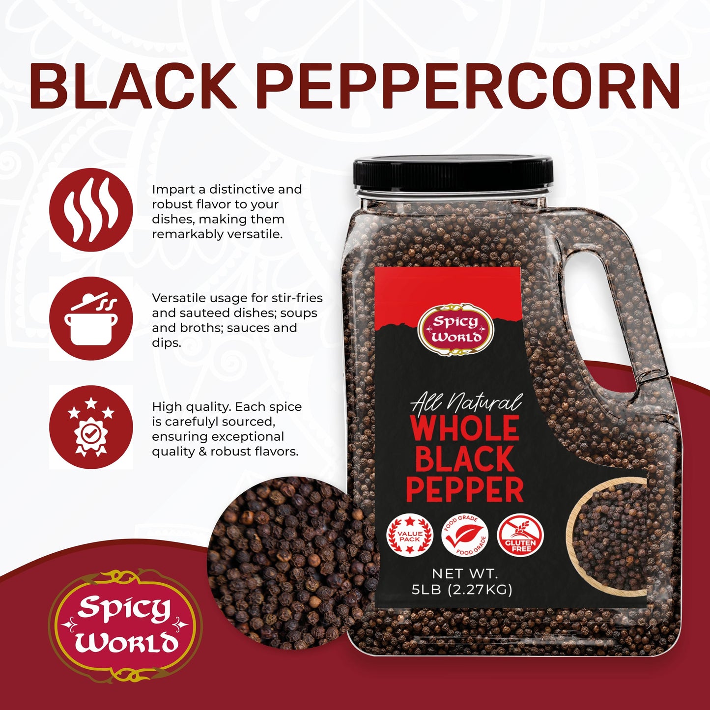 Black Peppercorns Whole 5 LB Bulk Jar - Premium Whole Black Pepper, All Natural, Gluten Free, Steam Sterilized - Restaurant Supply & Pepper Grinder