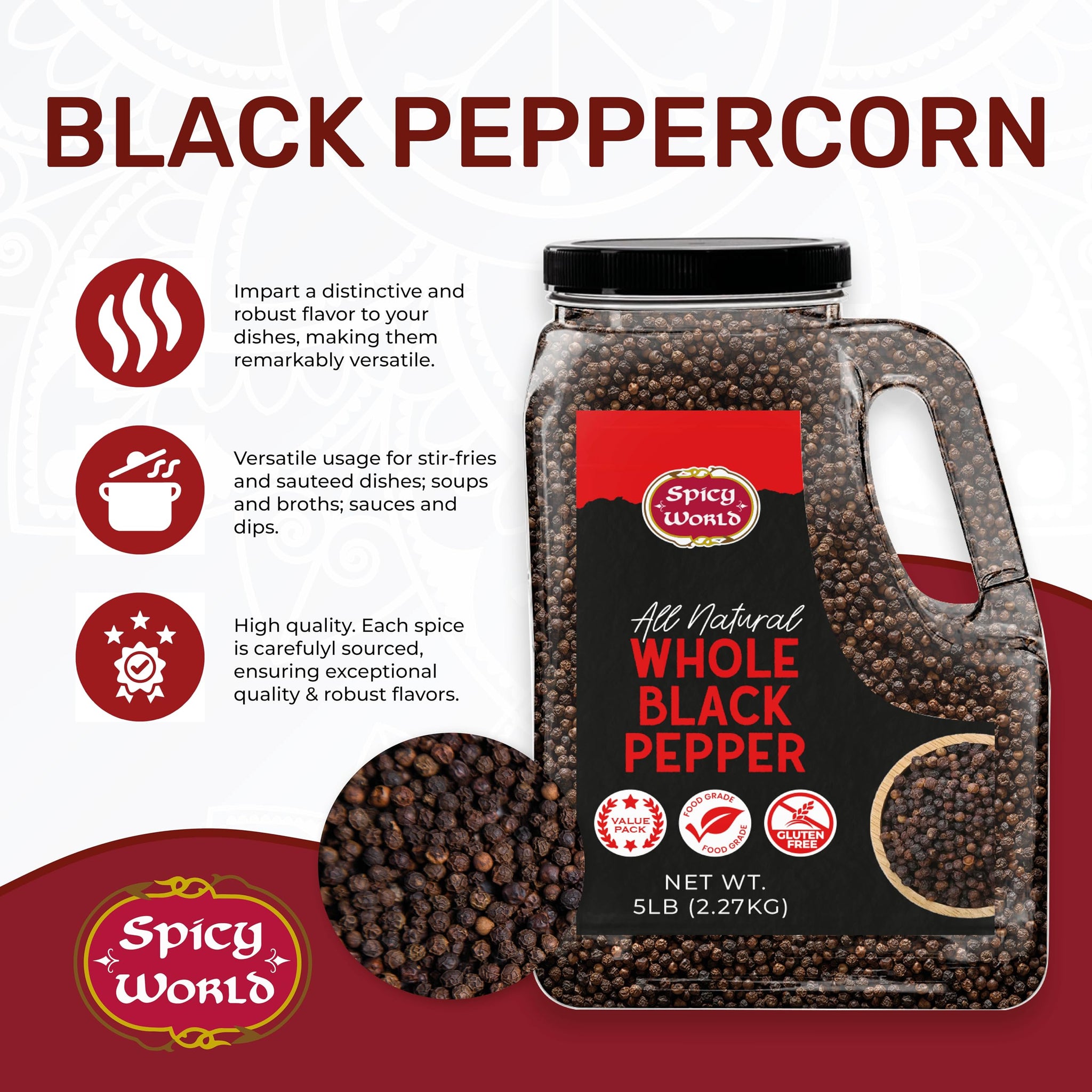 Black Peppercorns Whole 5 LB Bulk Jar - Premium Whole Black Pepper, All Natural, Gluten Free, Steam Sterilized - Restaurant Supply & Pepper Grinder