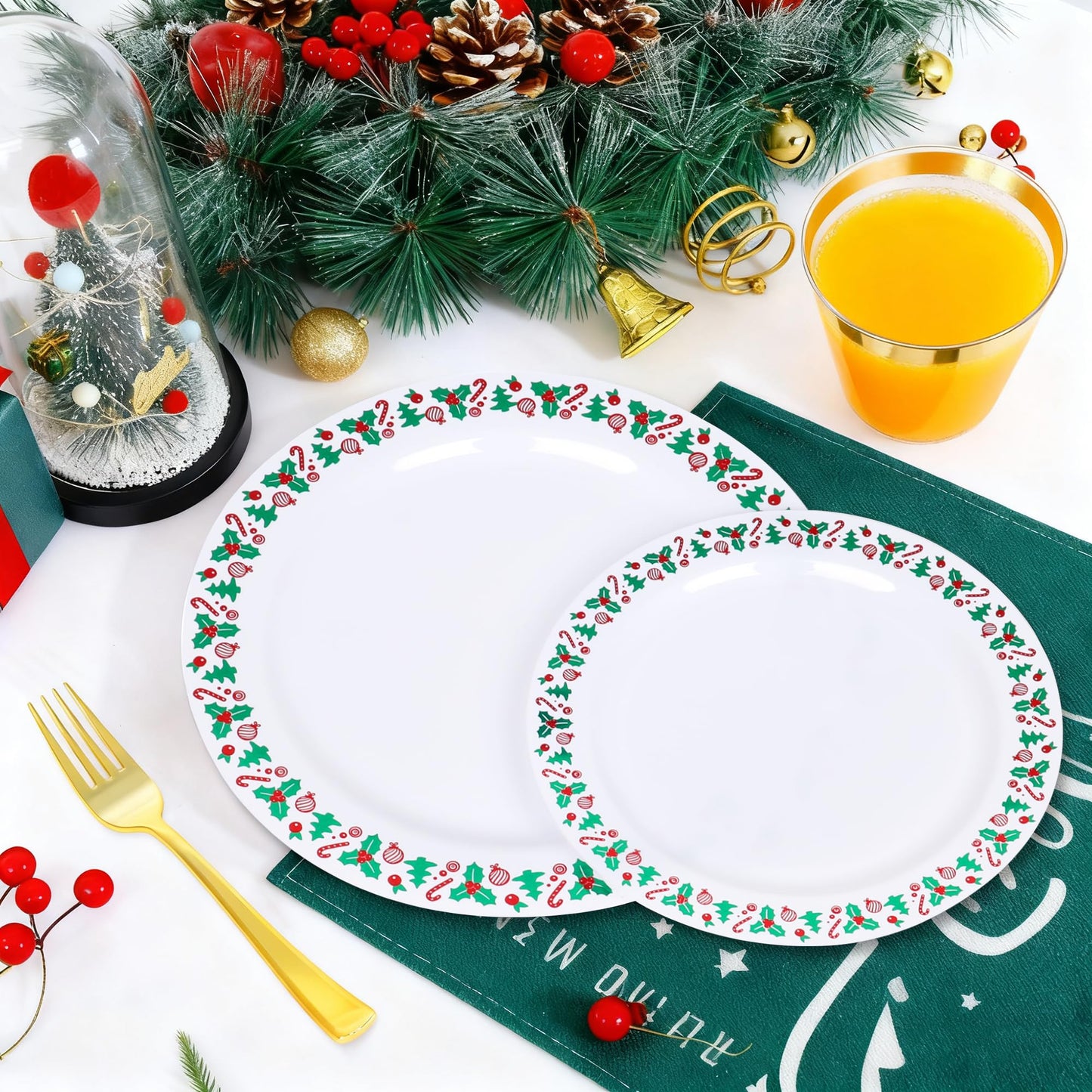 350pcs Christmas Disposable Plates & Cutlery Set - Plastic Plates, Tree Design, Gold Disposable Silverware, Clear Gold Cups for Holiday Celebrations