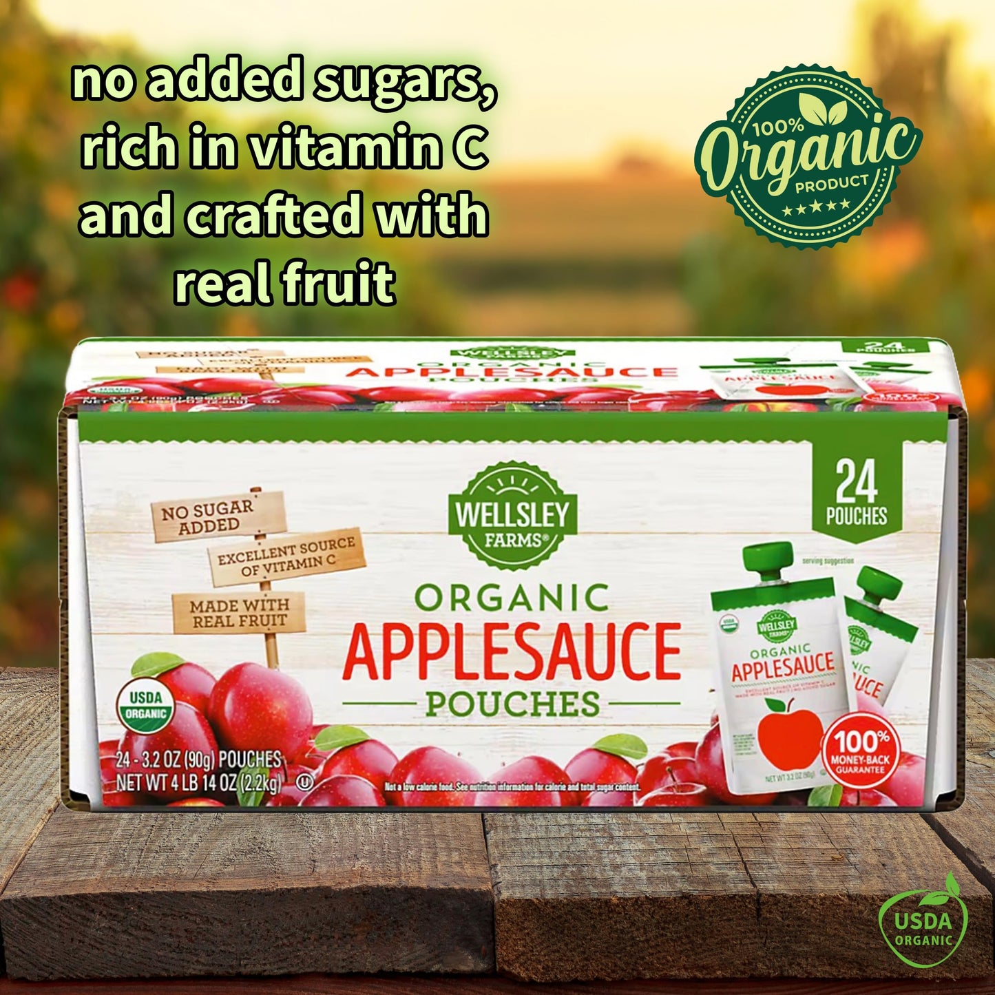 Wellsley Farms Organic Applesauce Pouches, 24-Pack (3.2 oz Each) 100% Real Fruit, No Sugar Added, Gluten-Free, Kosher, No Artificial Colors or Flavors