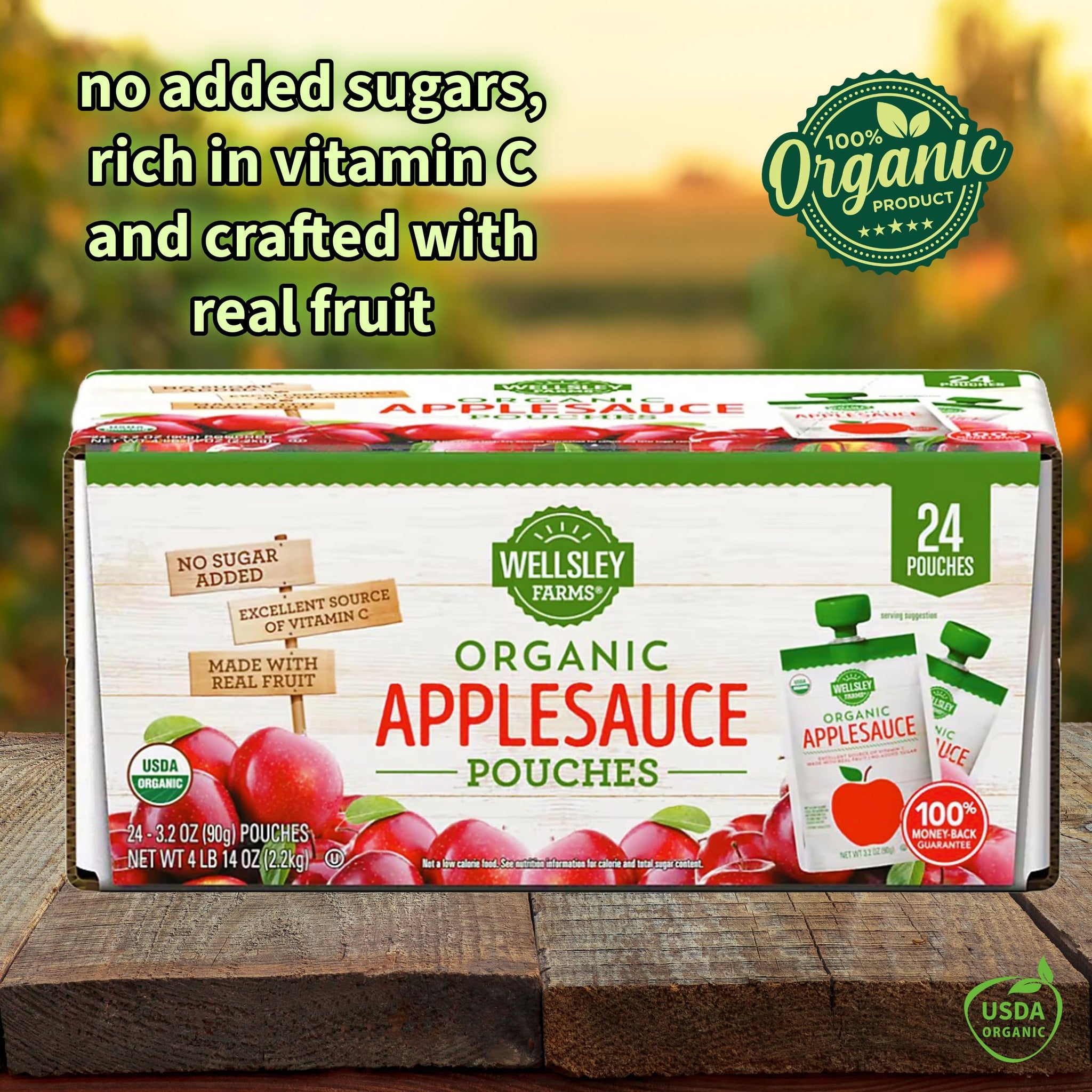 Wellsley Farms Organic Applesauce Pouches, 24-Pack (3.2 oz Each) 100% Real Fruit, No Sugar Added, Gluten-Free, Kosher, No Artificial Colors or Flavors