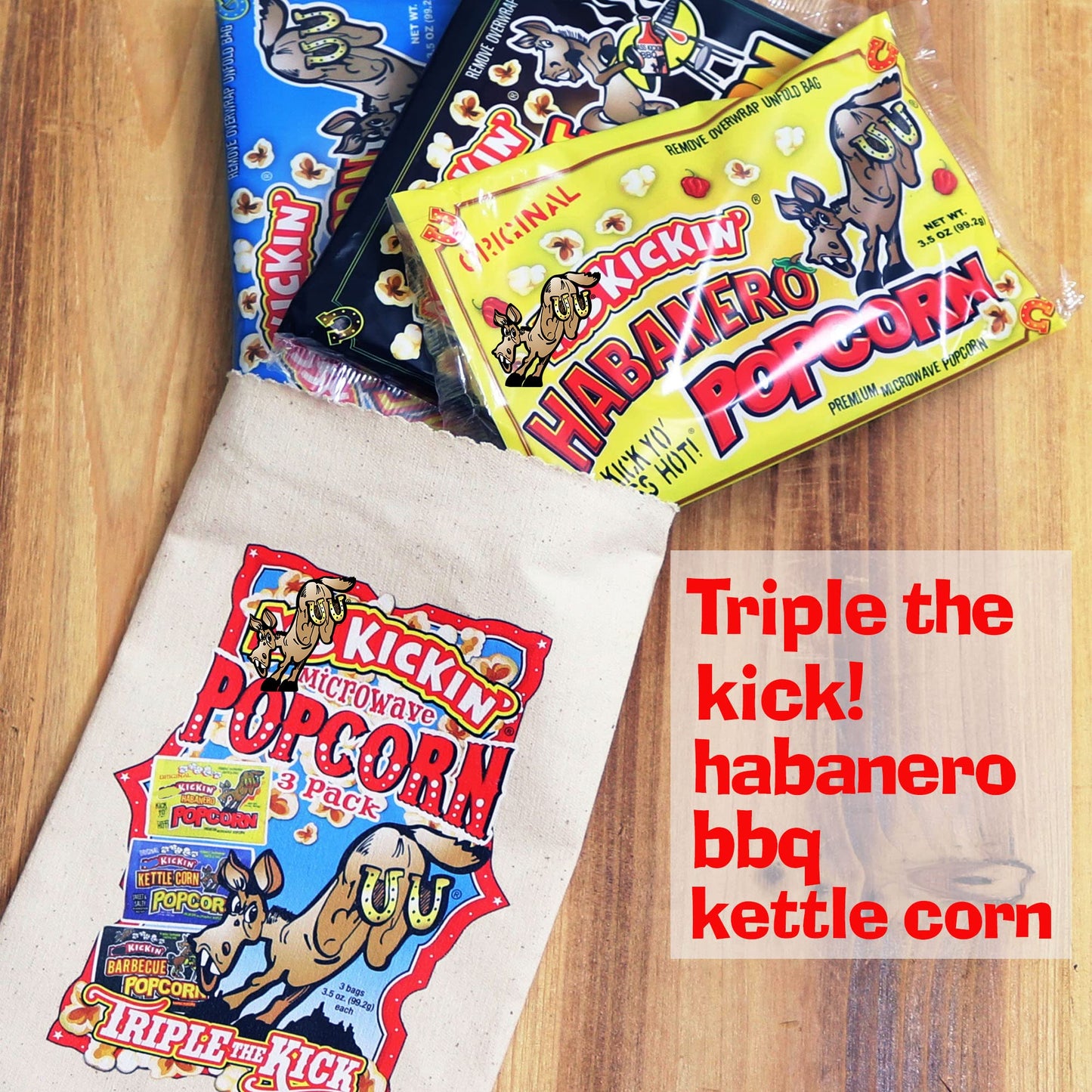 KICKIN’ Premium Microwave Popcorn - Popcorn Variety Pack (3) in Canvas Bag - Ultimate Sweet and Spicy Gourmet Gift - Makes a Great Movie Theater