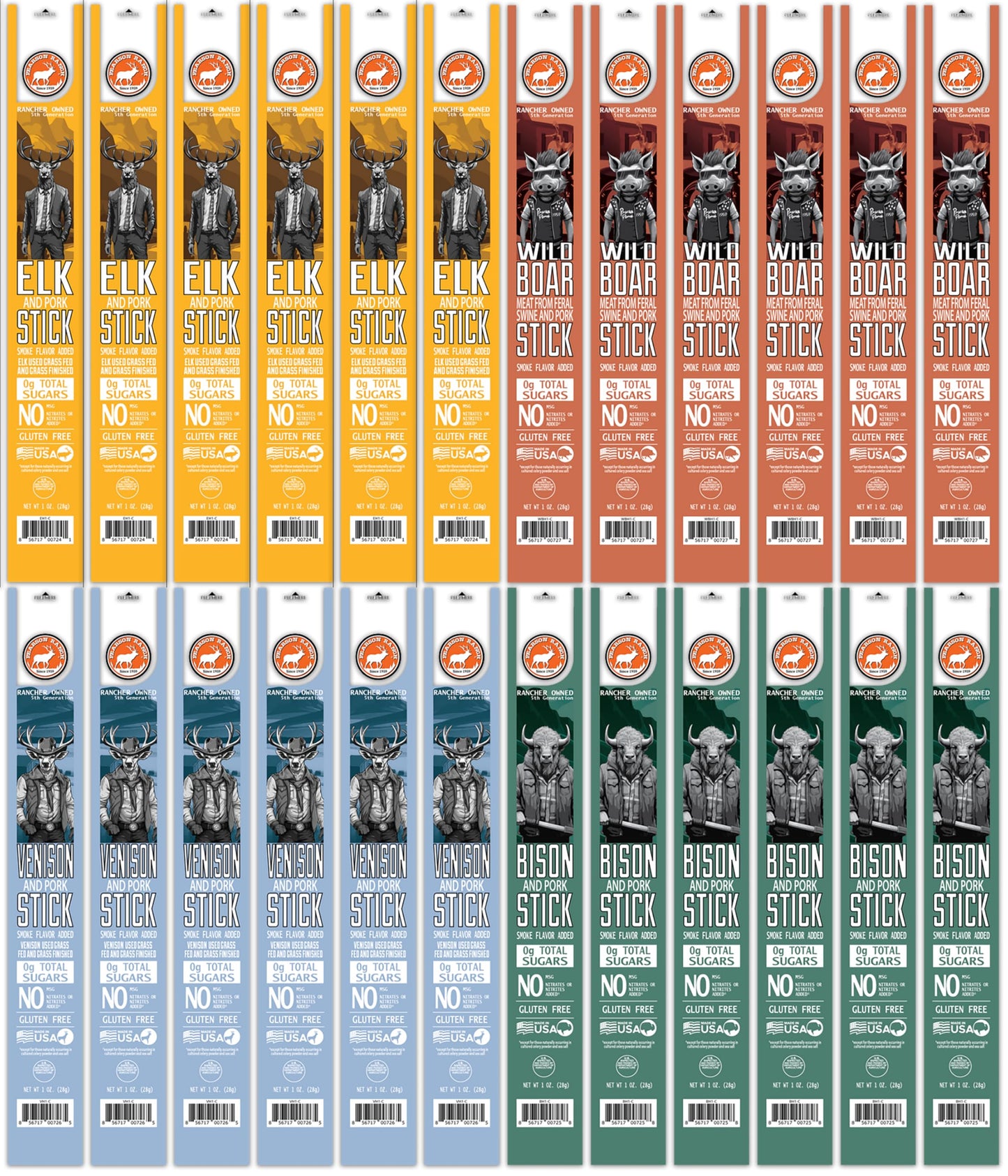 PEARSON RANCH Game Meat Sticks Variety - Elk, Bison, Venison, Wild Boar - Exotic Jerky Sticks, No Added Nitrites, High-Protein, Paleo & Keto Friendly