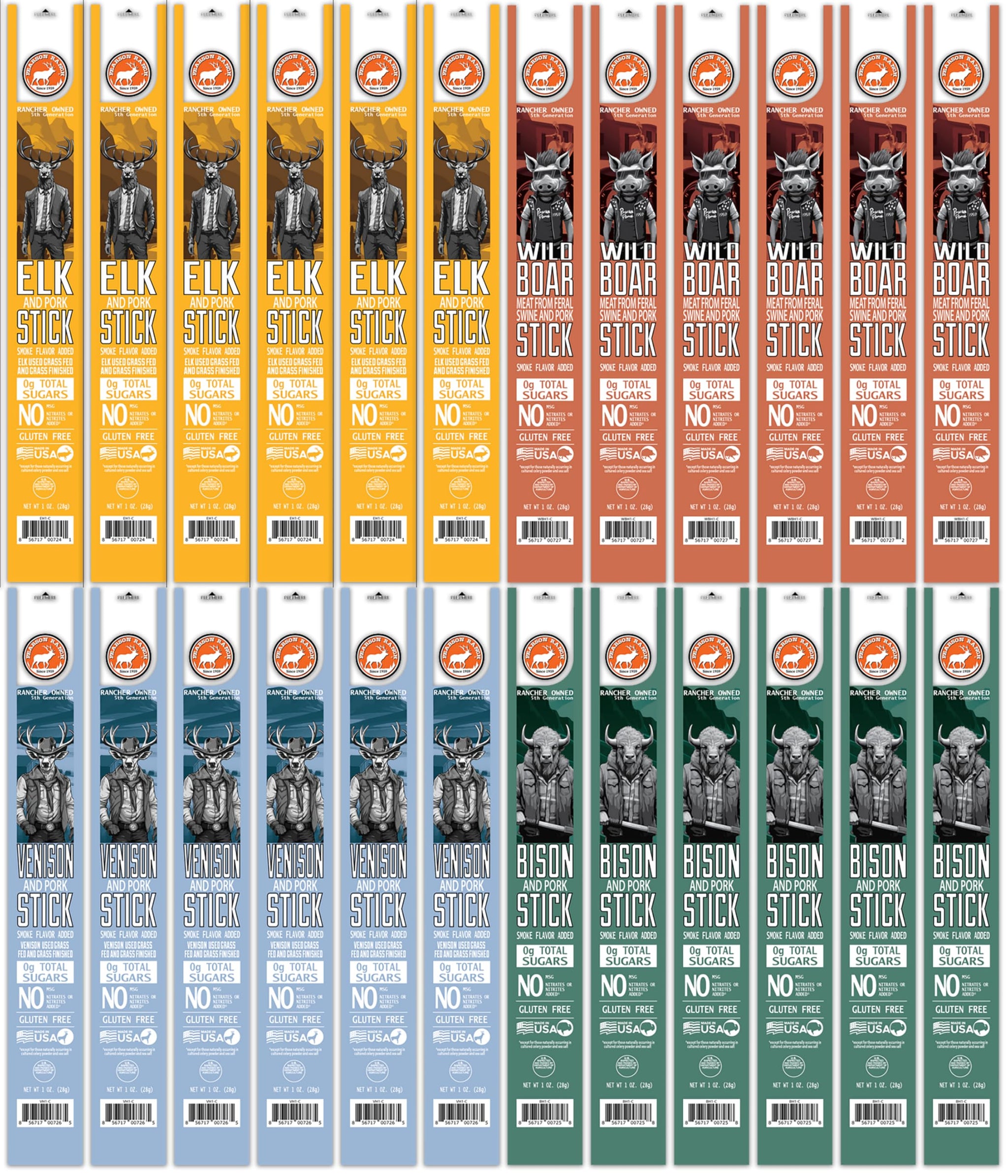 PEARSON RANCH Game Meat Sticks Variety - Elk, Bison, Venison, Wild Boar - Exotic Jerky Sticks, No Added Nitrites, High-Protein, Paleo & Keto Friendly
