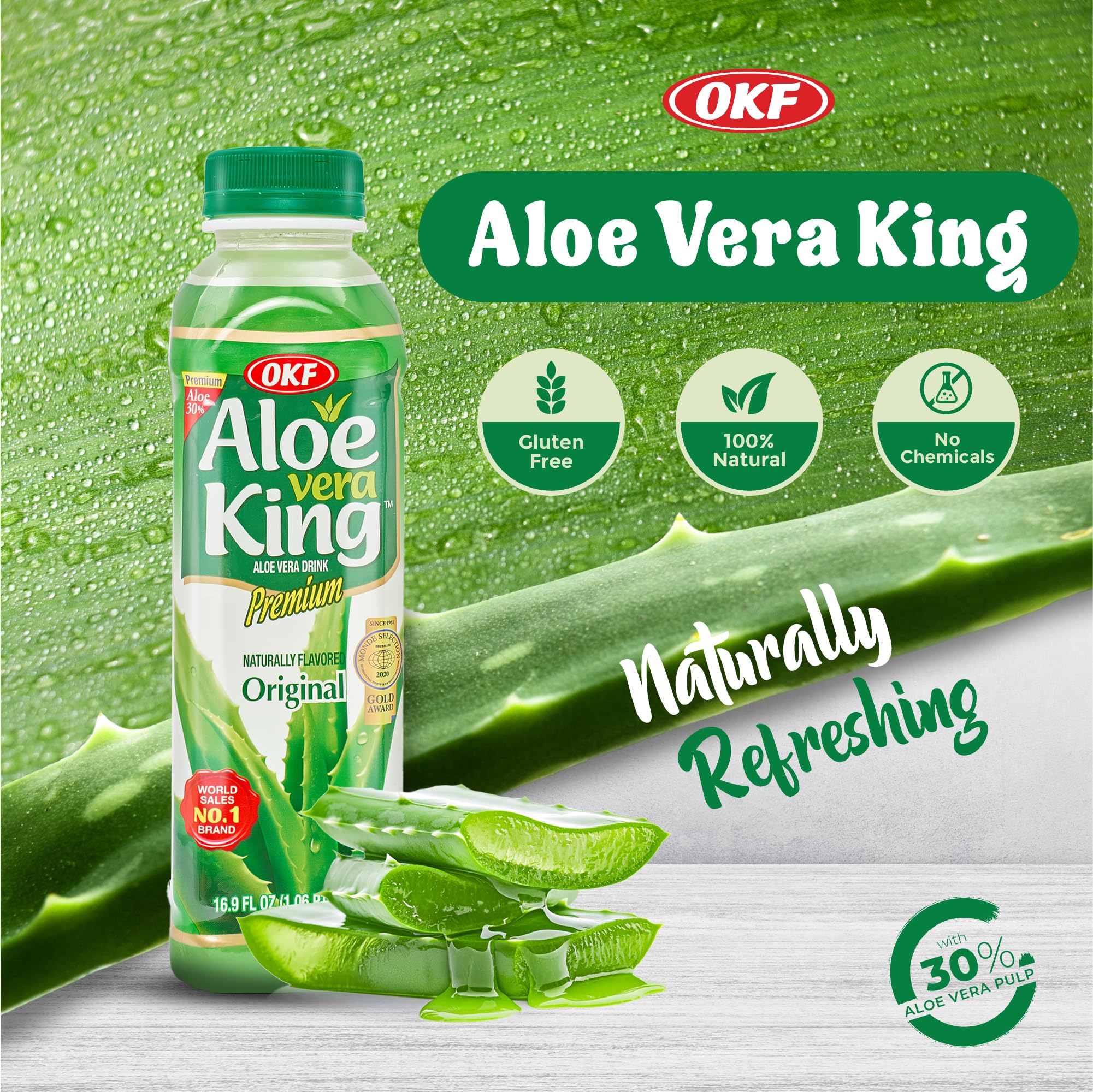 OKF CORPORATION Aloe Vera King Drink with Pure Aloe Pulp, Variety Flavors, 16.9 oz. (Original, Pack of 20), Korean Premium Health Beverage