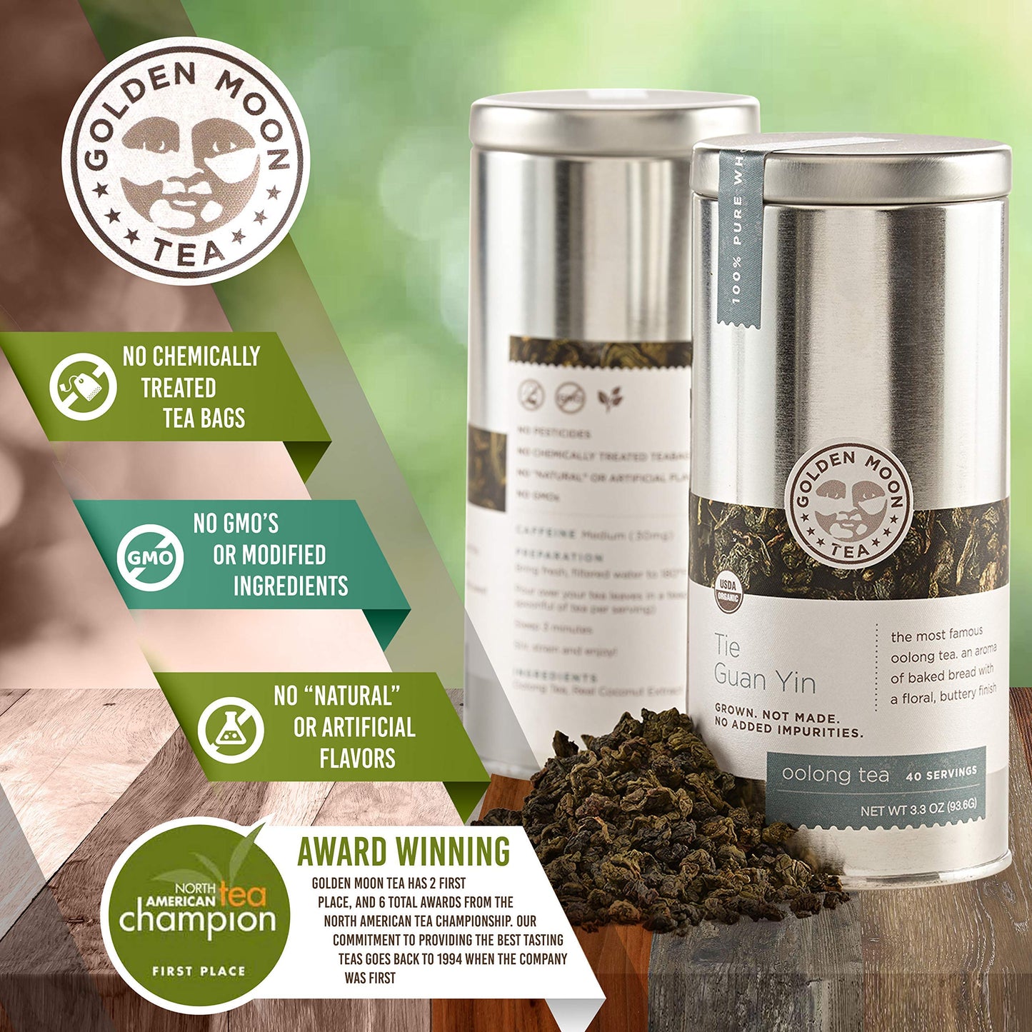 Golden Moon Tea Tie Guan Yin Oolong Tea - Organic Green Tea - Wulong Variety - Loose Leaf, Non-GMO - Travel Tin (30 Servings)