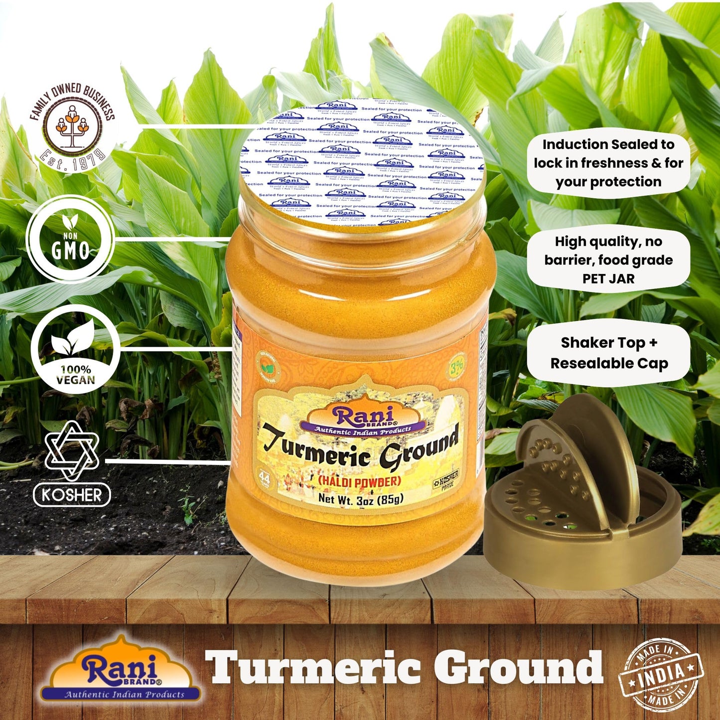 Rani Turmeric (Haldi) Root Powder Spice, (High Curcumin Content) 3oz (85g) PET Jar ~ All Natural | 100% Pure, Salt Free | Vegan | Gluten Friendly |