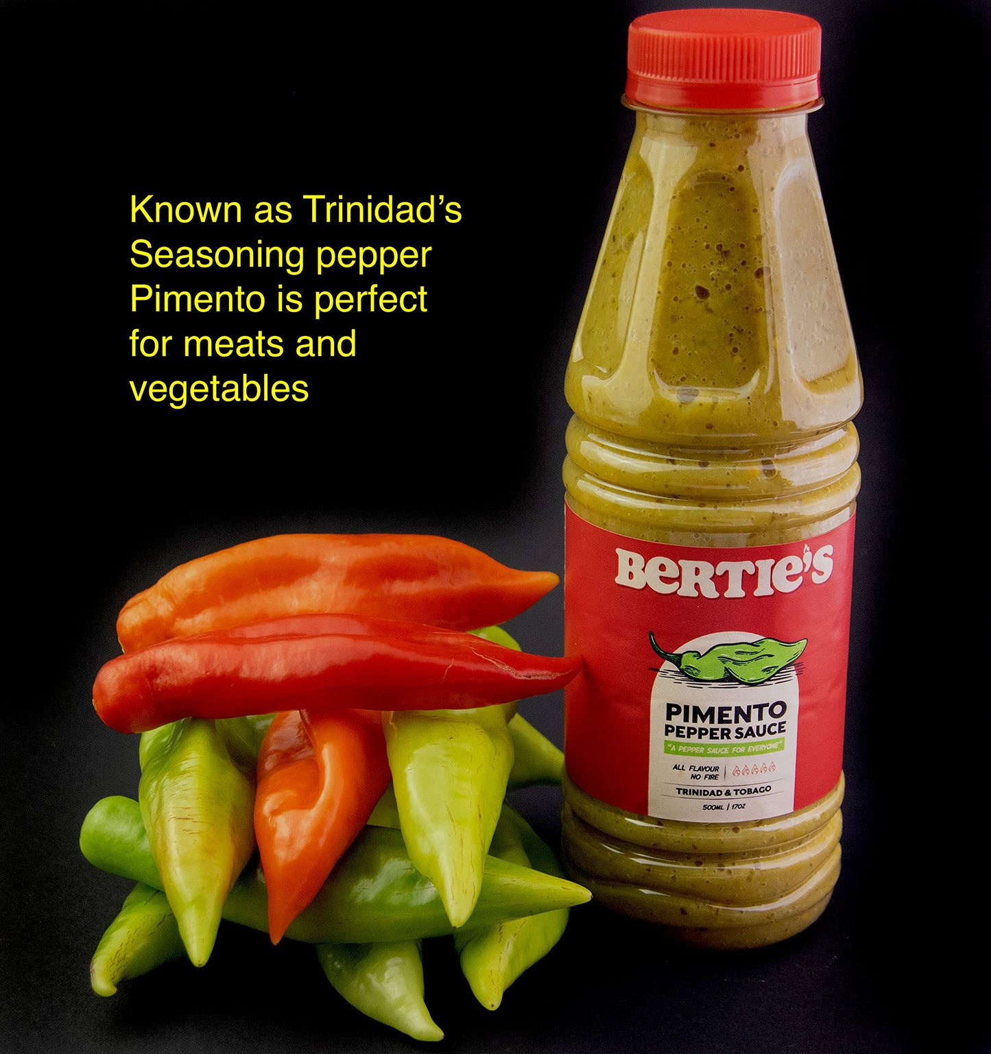 Bertie's Trinidad Pimento Sauce (17 Oz./500ml) | Adds Wonderful Flavour and Aroma Without The Heat to Dish | Season Your Meats And Vegetables
