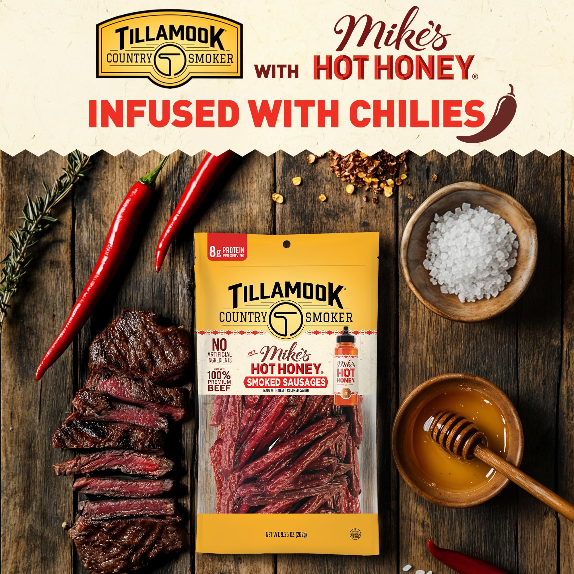 Tillamook Country Smoker 100% Premium Beef Smoked Sausage, Mike's Hot Honey, 9.25 Ounce, Real Hardwood Smoked Sausages, Low Carb, High Protein, Ready