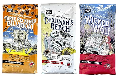 Raven's Brew Whole Bean Variety Pack - 3 Delicious Flavors - Wicked Wolf, Three Peckered Billy Goat and Deadman's Reach - 12 oz each
