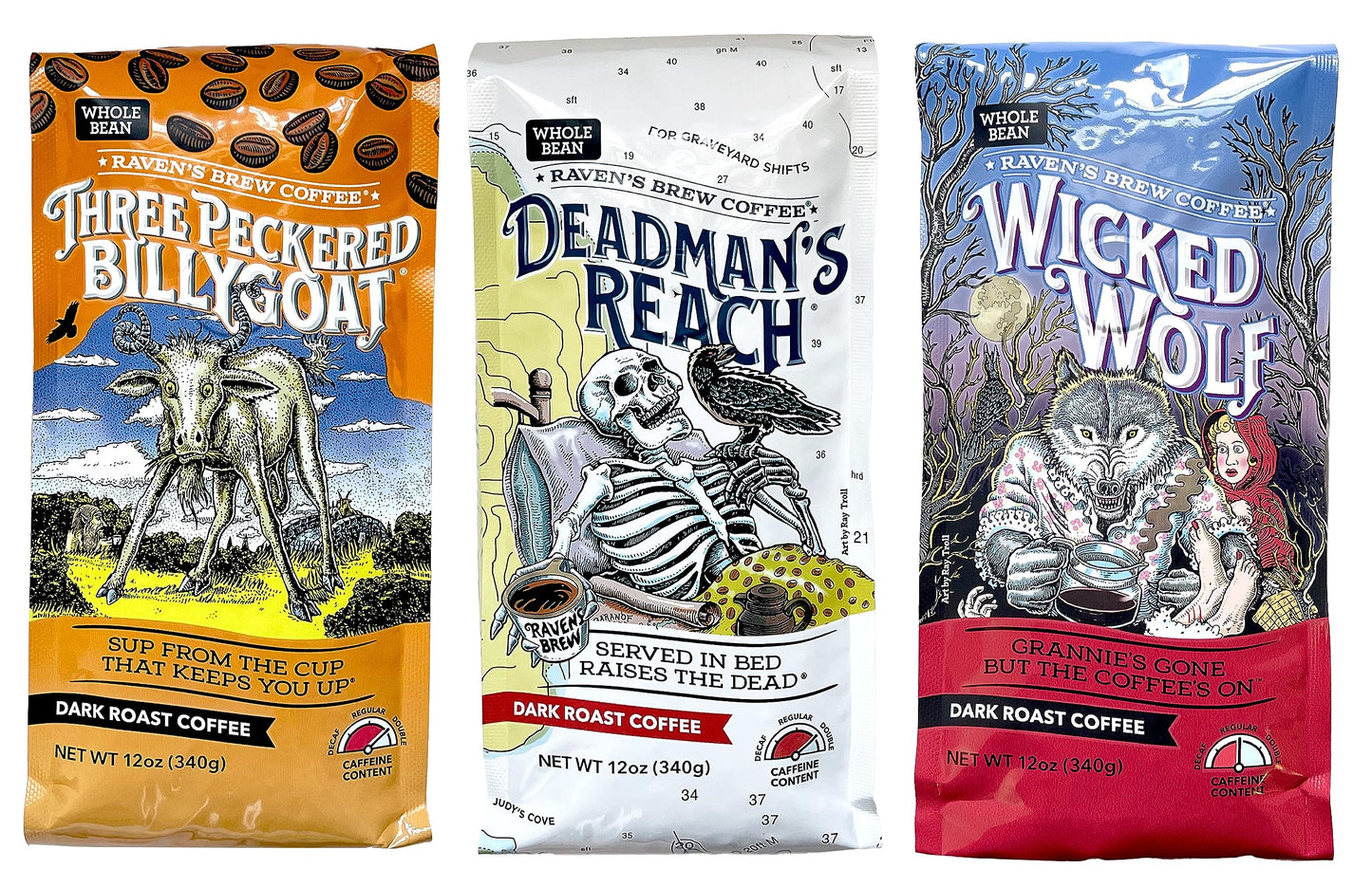 Raven's Brew Whole Bean Variety Pack - 3 Delicious Flavors - Wicked Wolf, Three Peckered Billy Goat and Deadman's Reach - 12 oz each