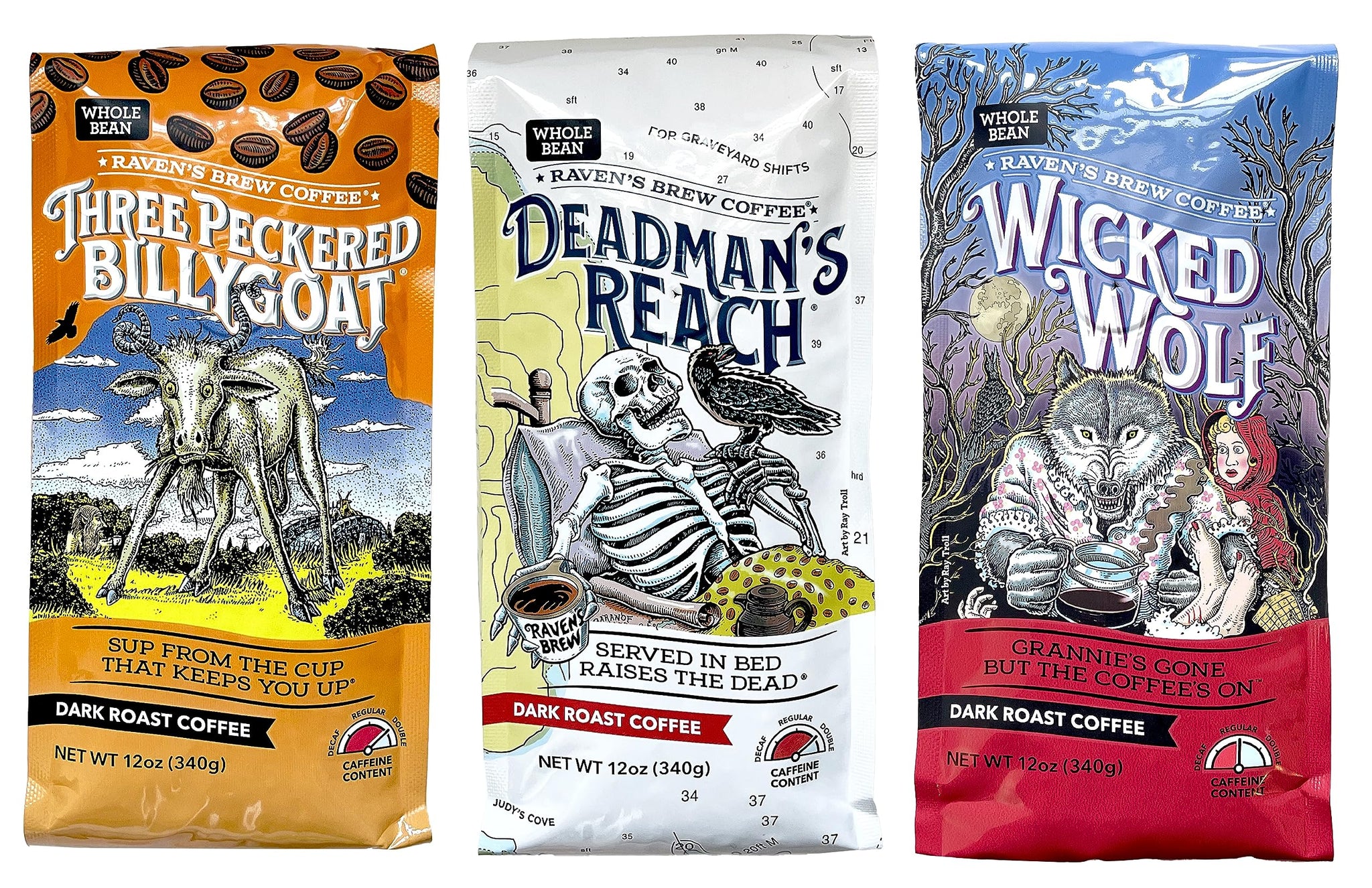 Raven's Brew Whole Bean Variety Pack - 3 Delicious Flavors - Wicked Wolf, Three Peckered Billy Goat and Deadman's Reach - 12 oz each