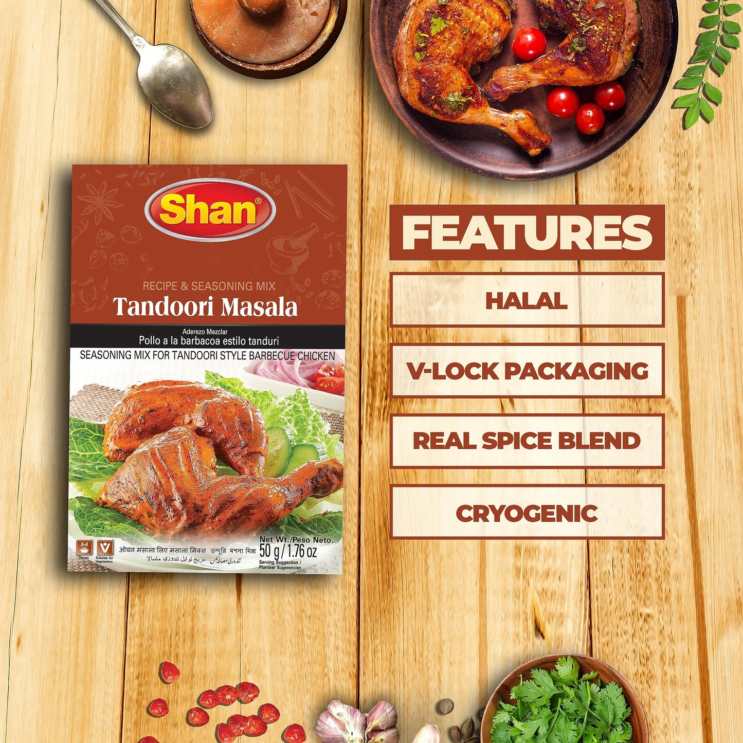 Shan Tandoori Recipe and Seasoning Mix 1.76 oz (50g) - Spice Powder for Tandoori Style Barbecue Chicken - Suitable for Vegetarians - Airtight Bag in
