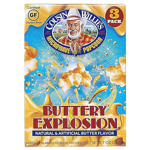 Cousin Willie's Microwave Popcorn Bags, Buttery Explosion (4 Boxes, 12 Bags), Gourmet Popcorn Boxes for Party, Whole Grain Popcorn, Gluten Free, Low