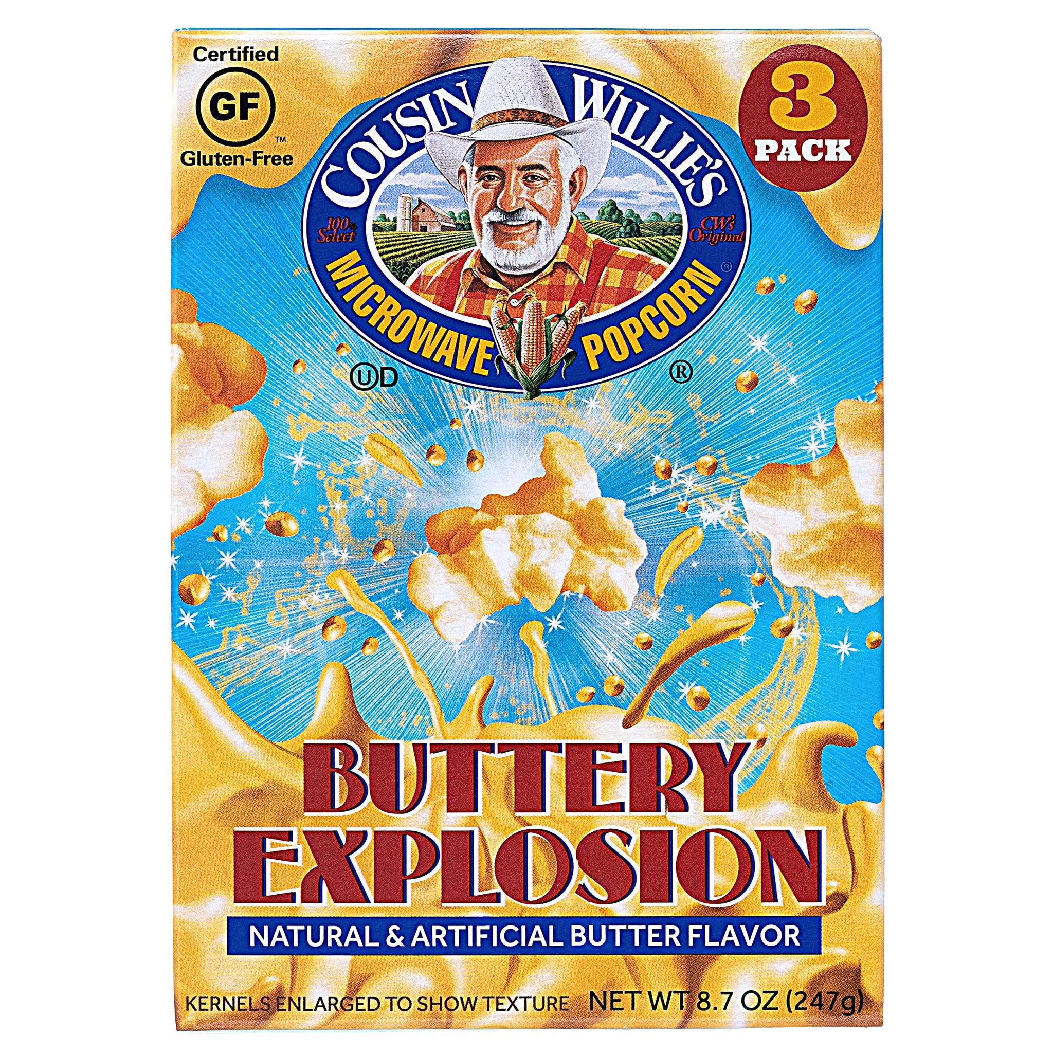 Cousin Willie's Microwave Popcorn Bags, Buttery Explosion (4 Boxes, 12 Bags), Gourmet Popcorn Boxes for Party, Whole Grain Popcorn, Gluten Free, Low
