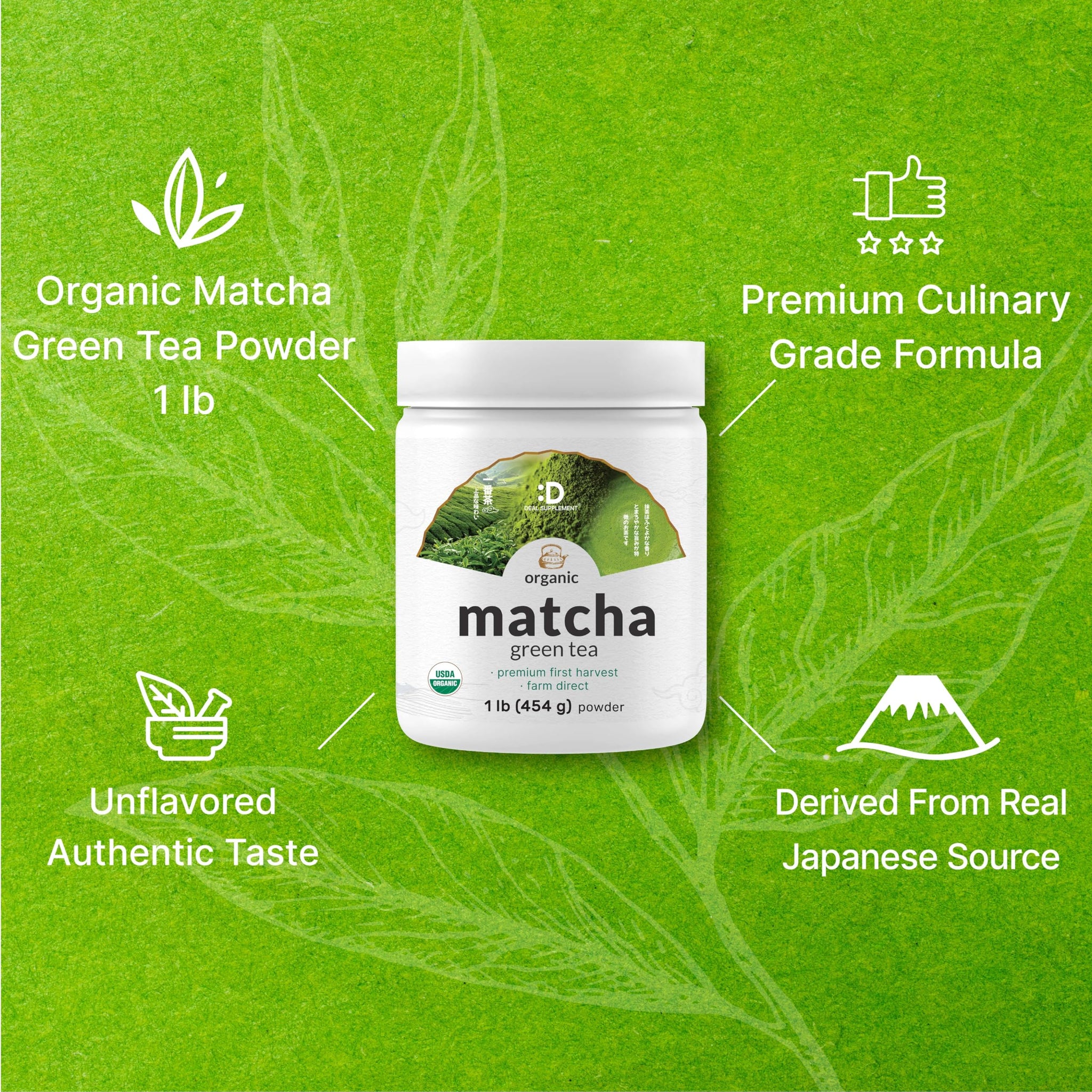 Organic Matcha Green Tea Powder, 1 lb (454g) | First Harvest, Culinary Grade | Japanese Sourced Cafe Mix | Zero Sugar, Keto Friendly, Non-GMO