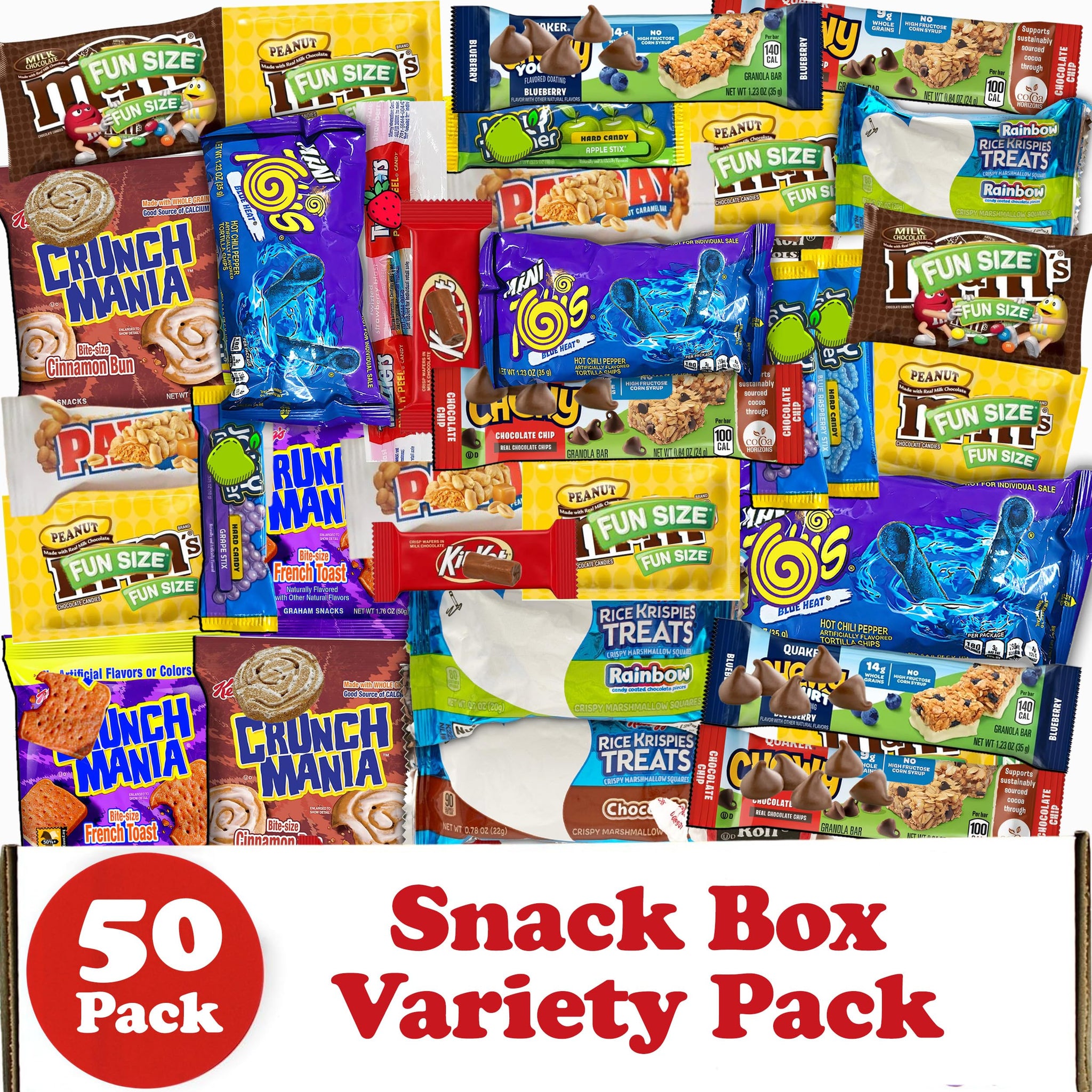 Snack Variety Pack with 50 Individually Wrapped Snacks and Candies, Assorted Sweet and Savory Treats Ideal for Care Packages, Birthday Parties, Road