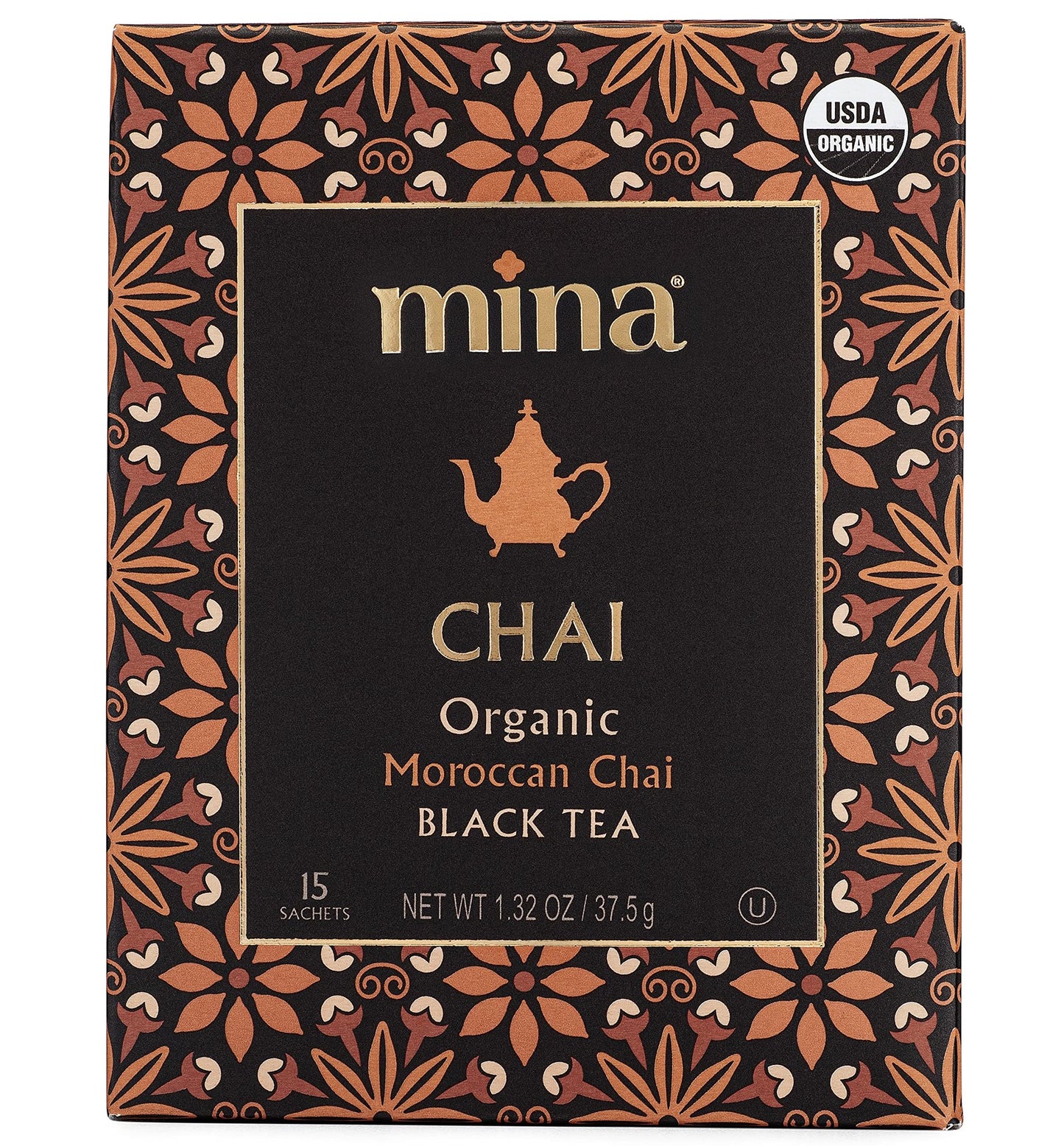 Mina Moroccan Chai, Organic Black Tea Bags, Organic Chai Tea with Cinnamon, Ginger Star Anise, Clove & Cardamom, Chai Latte Hot or Iced, Healthy