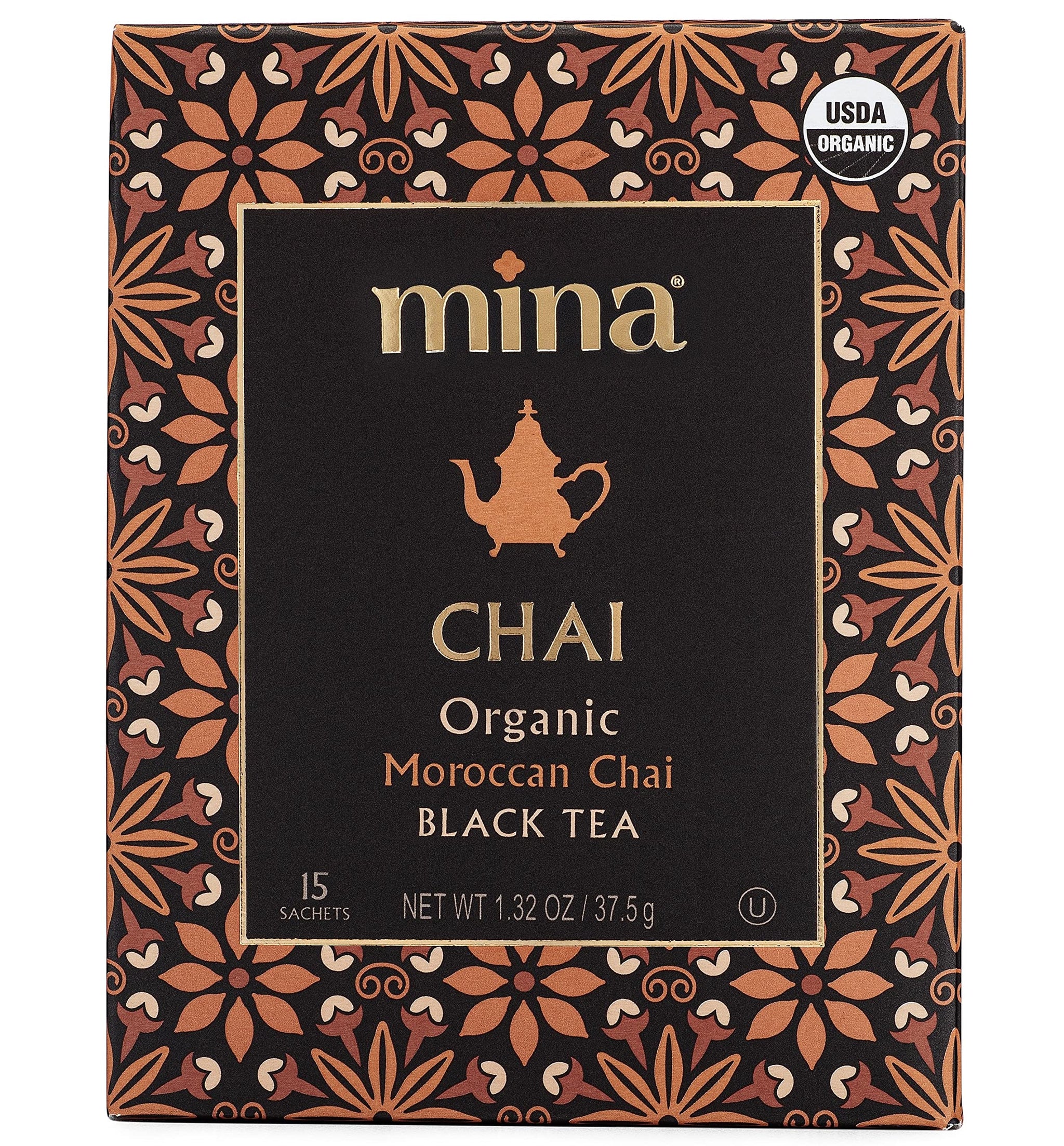 Mina Moroccan Chai, Organic Black Tea Bags, Organic Chai Tea with Cinnamon, Ginger Star Anise, Clove & Cardamom, Chai Latte Hot or Iced, Healthy