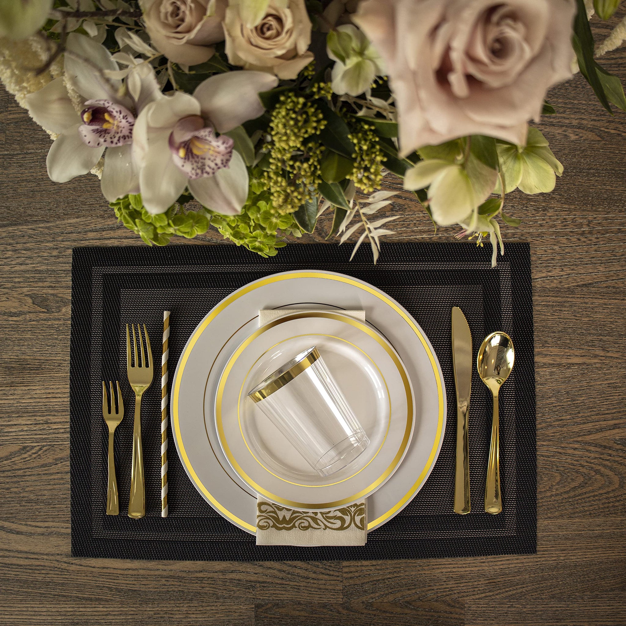 Neatiffy 225 Pcs Gold Rim Plastic Dinnerware Set (25 Guest) | 25 x (Dinner Plate, Dessert Plate, Gold Plastic Silverware, Cup, Napkin, Straw) |