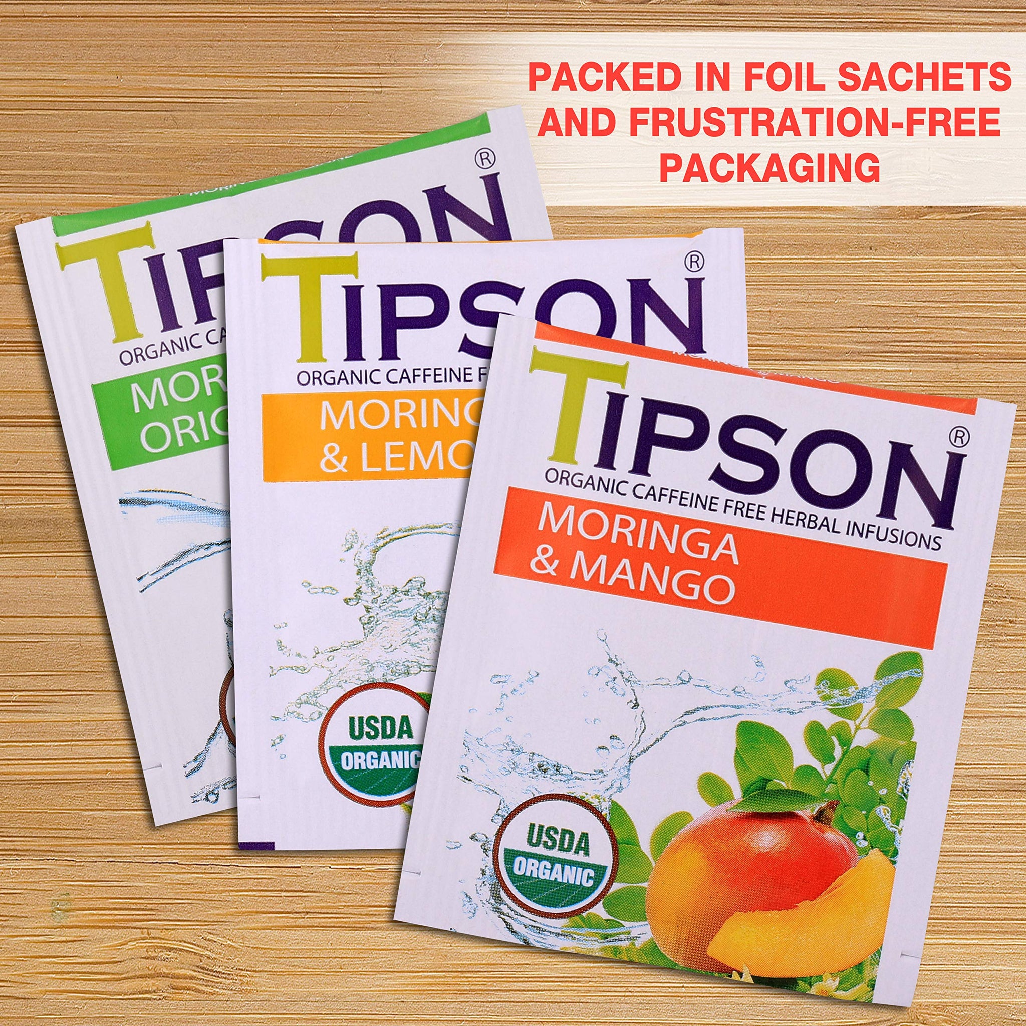 Tipson Organic Moringa Caffeine Free Herbal Tea - Mango Flavor - 25 Premium Double Chambered Bags -Superfood Tea - Keto/Paleo Diet Compatible