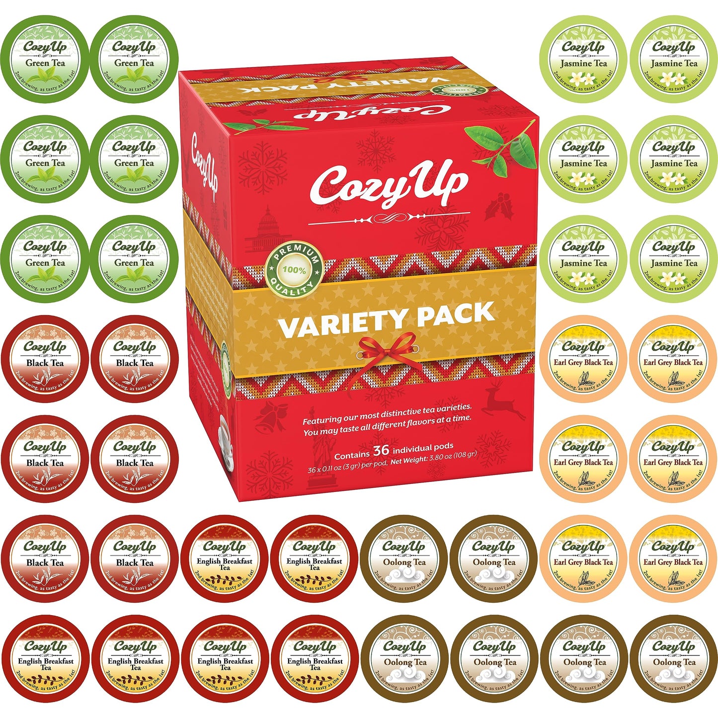 Cozy Up 36-Count 6 Flavors Variety Pack Tea Compatible with Keurig K-Cup Brewers, Including Green, Black, Jasmine, Earl Grey, English Breakfast