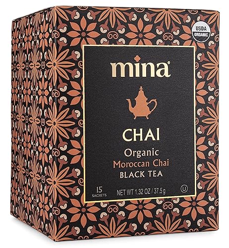 Mina Moroccan Chai, Organic Black Tea Bags, Organic Chai Tea with Cinnamon, Ginger Star Anise, Clove & Cardamom, Chai Latte Hot or Iced, Healthy