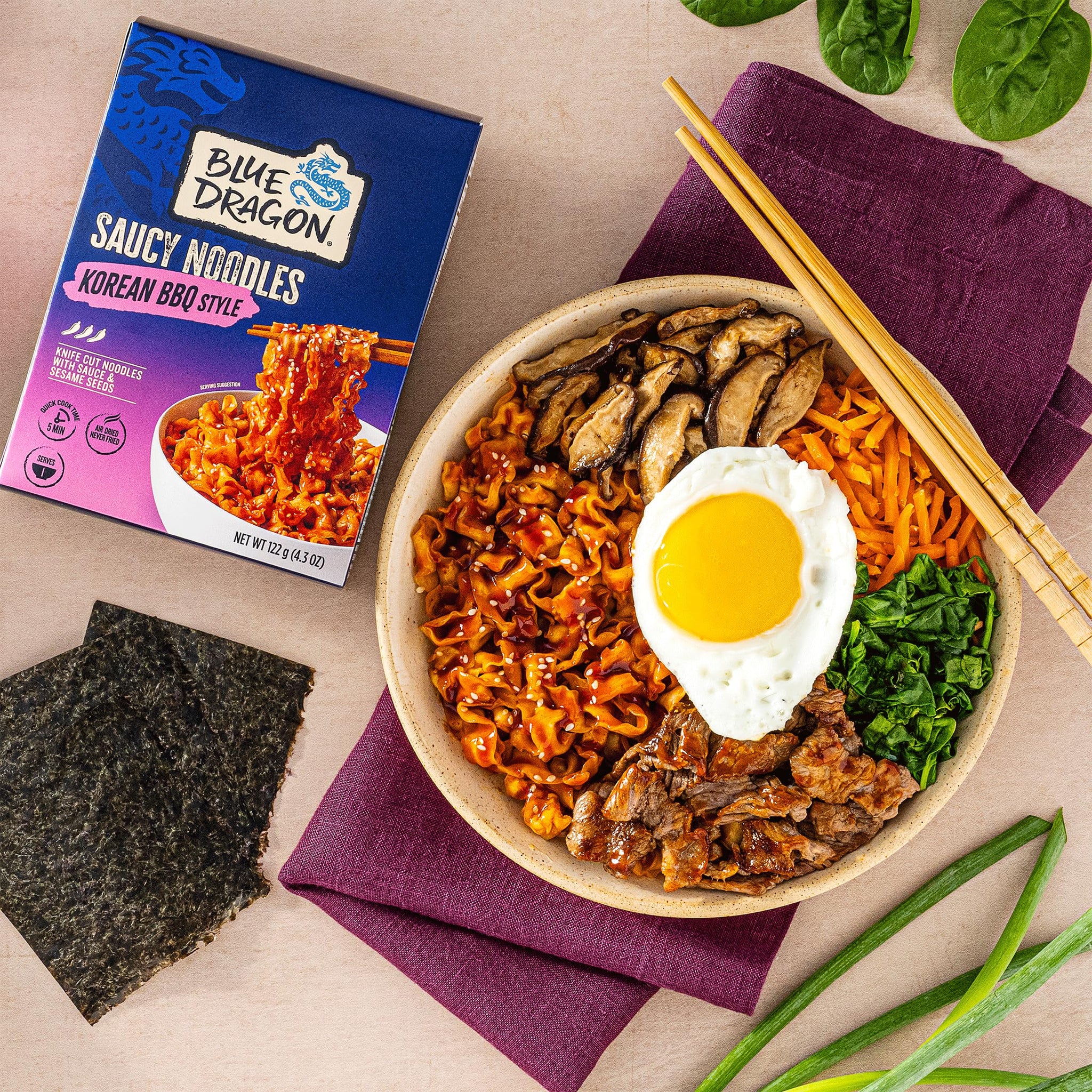 Blue Dragon Korean BBQ Saucy Noodles - 4.2oz (Pack of 3) - Knife Cut Thick Noodles w/Korean BBQ Sauce & Sesame Seed Garnish - Quick & Easy Meal