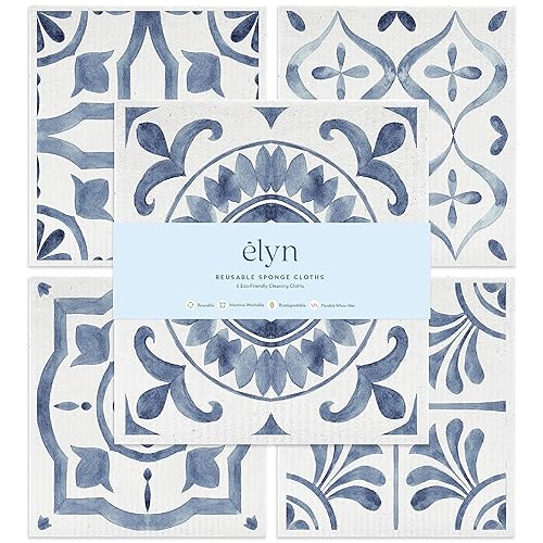 ELYN Swedish Dishcloths, Reusable & Washable Sponge Cloths, Absorbent Cleaning Paper Towels for Kitchen, Dishes, Counters and More, 5 Pack, Assorted