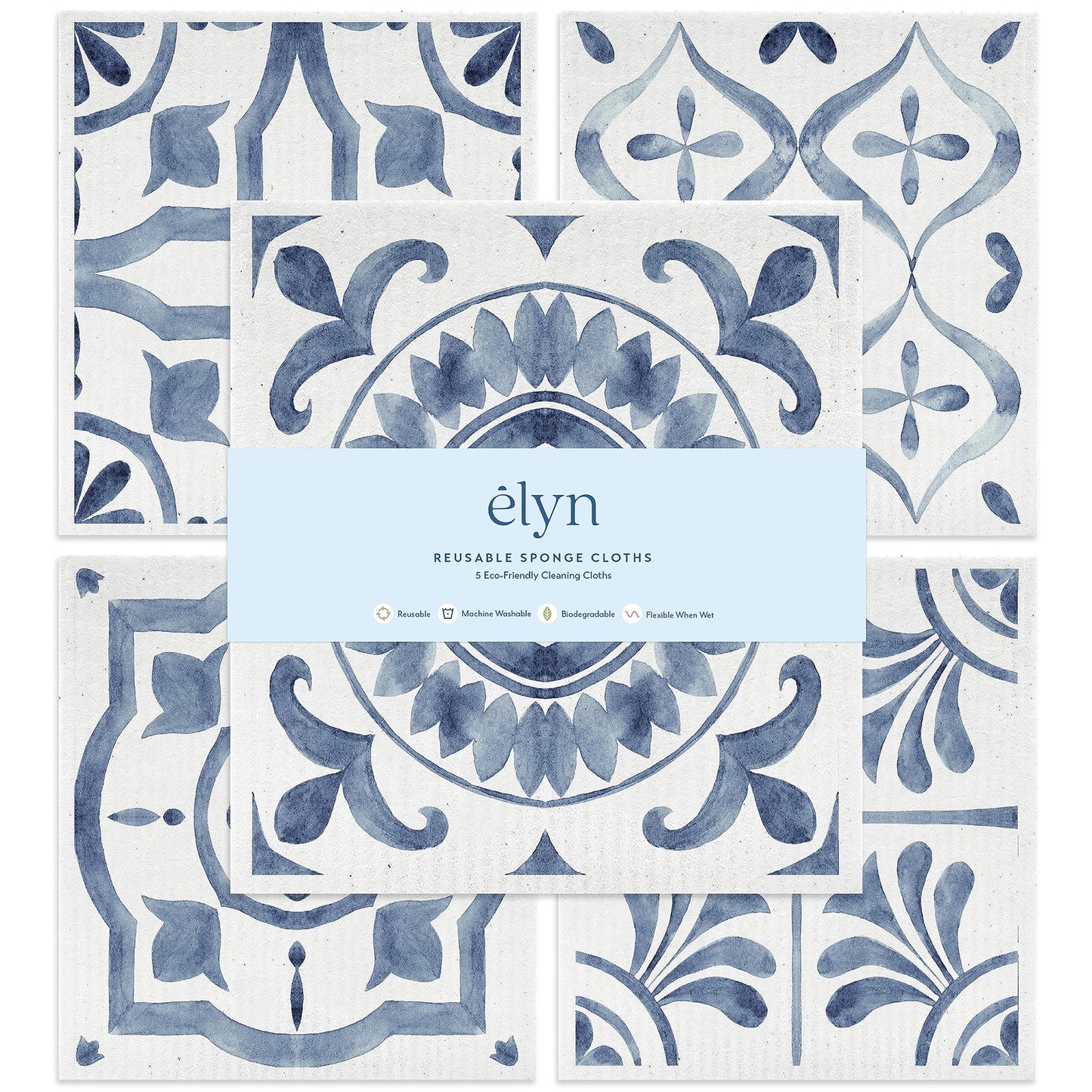 ELYN Swedish Dishcloths, Reusable & Washable Sponge Cloths, Absorbent Cleaning Paper Towels for Kitchen, Dishes, Counters and More, 5 Pack, Assorted