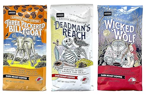 Raven's Brew Ground Variety Pack - 3 Delicious Flavors - Wicked Wolf, Three Peckered Billy Goat and Deadman's Reach - 12 oz each