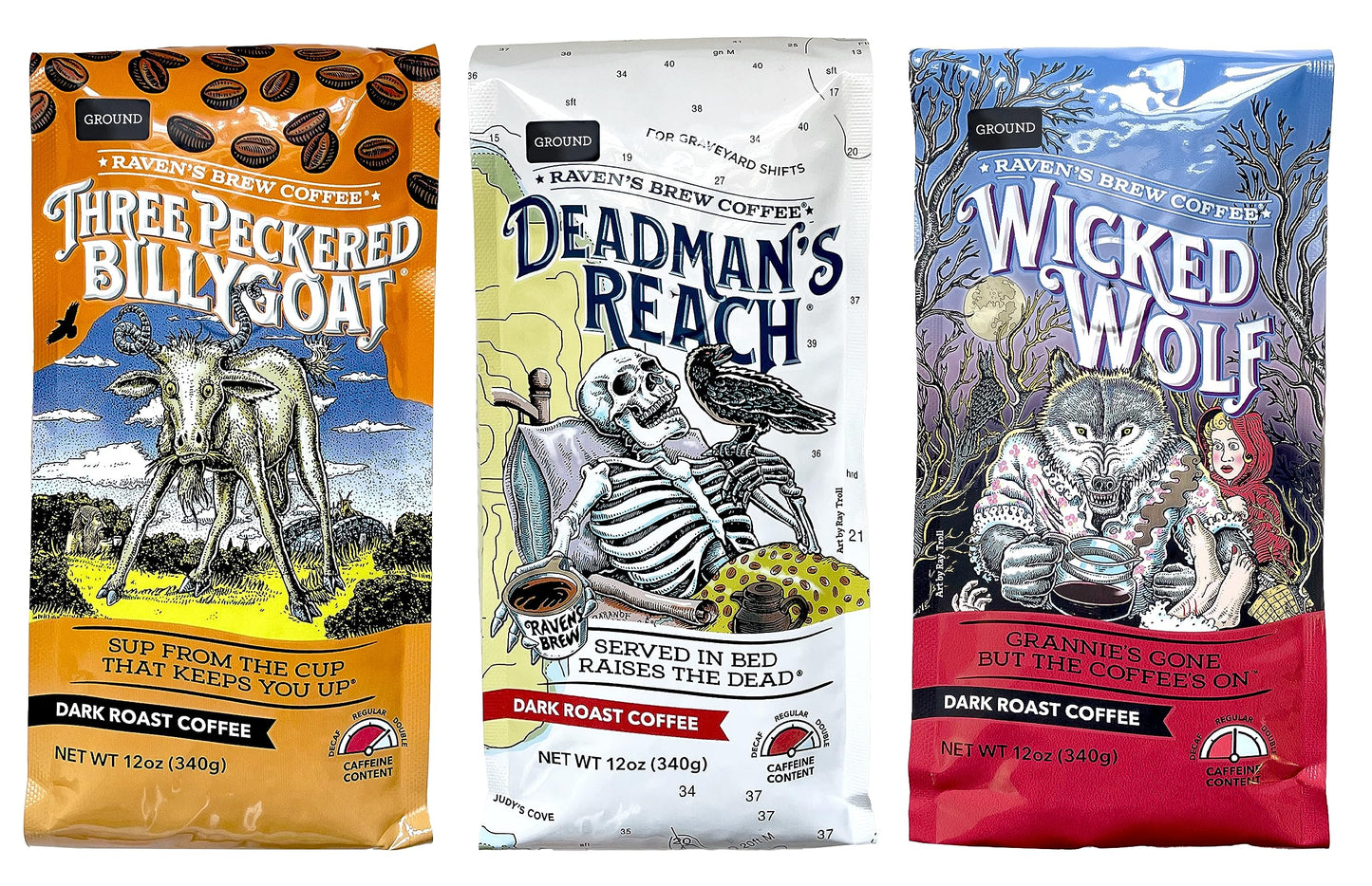 Raven's Brew Ground Variety Pack - 3 Delicious Flavors - Wicked Wolf, Three Peckered Billy Goat and Deadman's Reach - 12 oz each