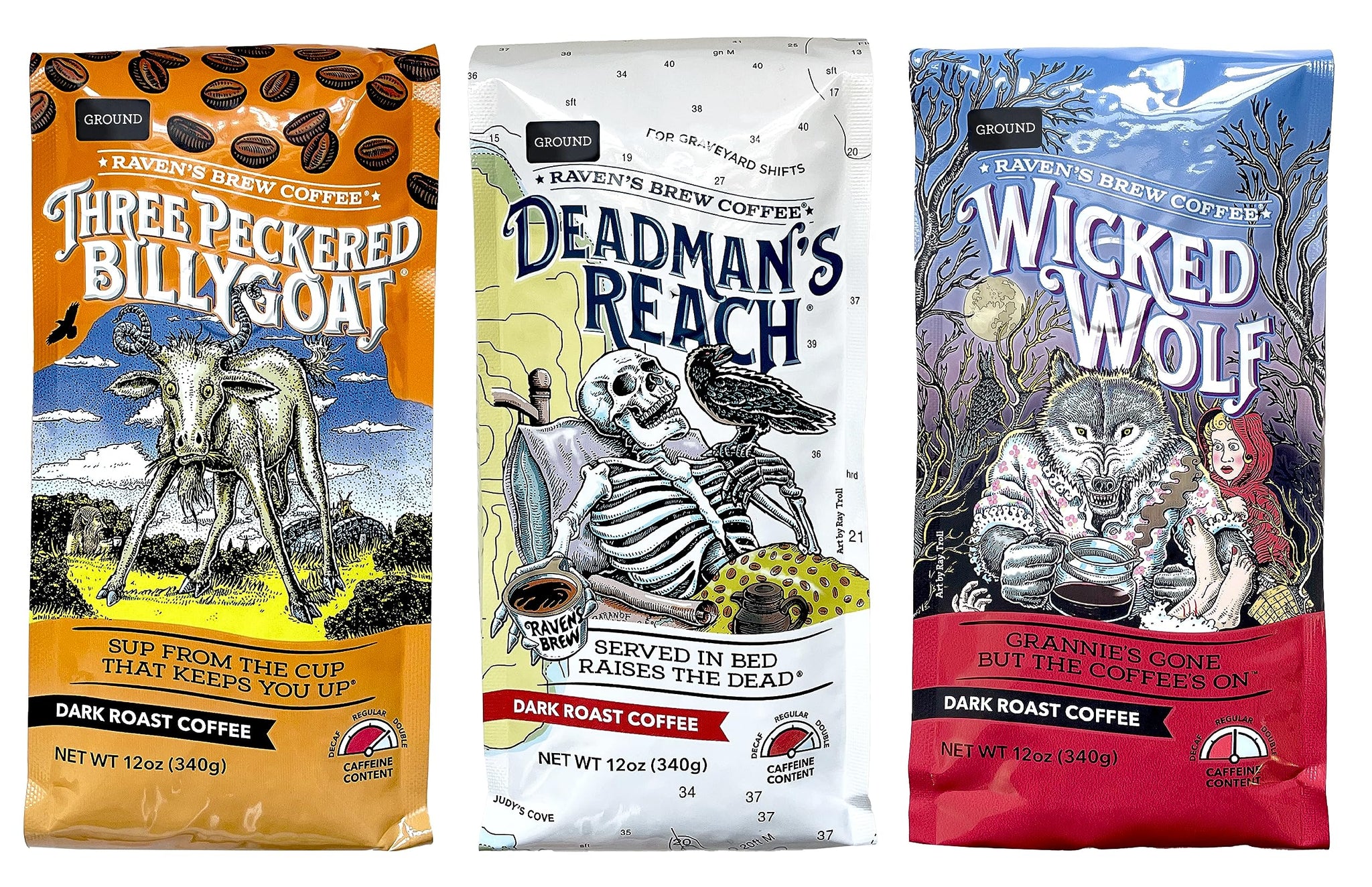 Raven's Brew Ground Variety Pack - 3 Delicious Flavors - Wicked Wolf, Three Peckered Billy Goat and Deadman's Reach - 12 oz each