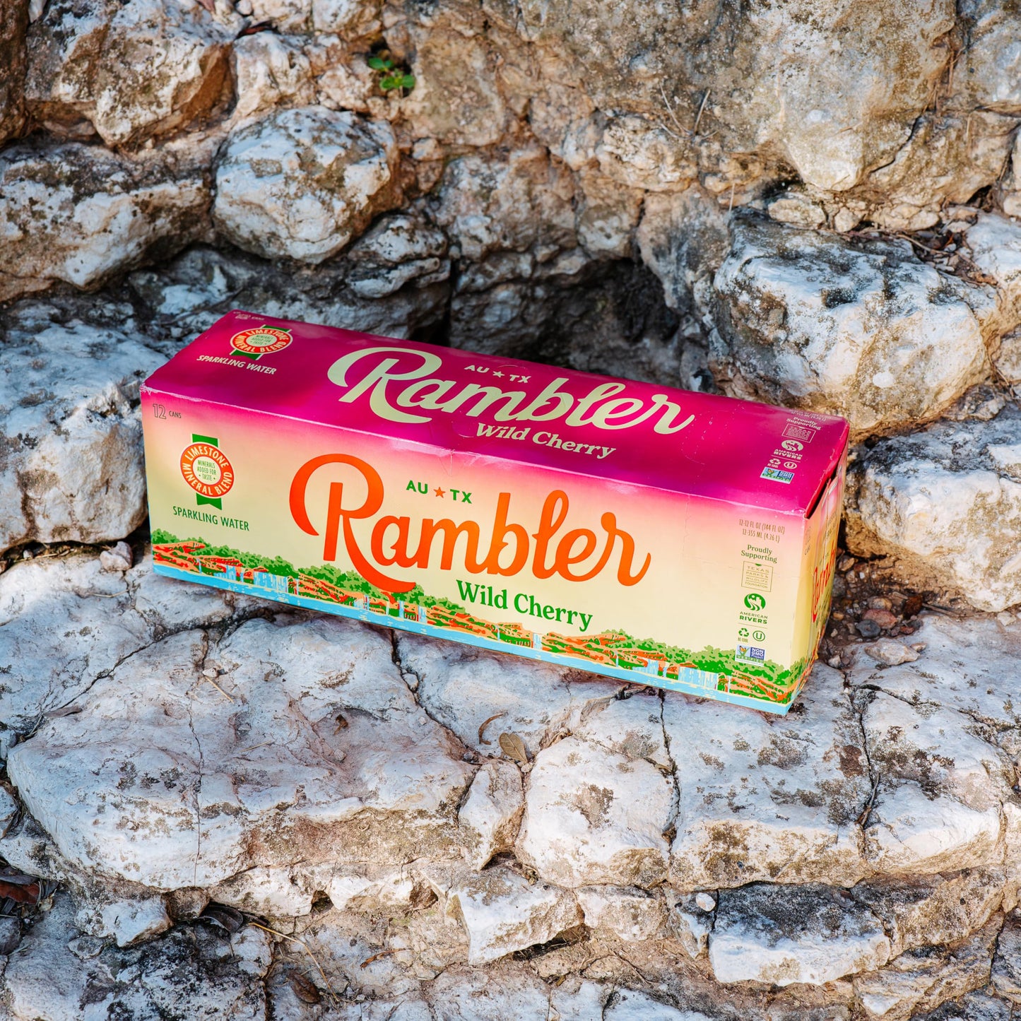 AUTX RAMBLER Sparkling Water, Texas Limestone Mineral Blend, Wild Cherry Flavor, 12-Ounce Cans, 12-Pack