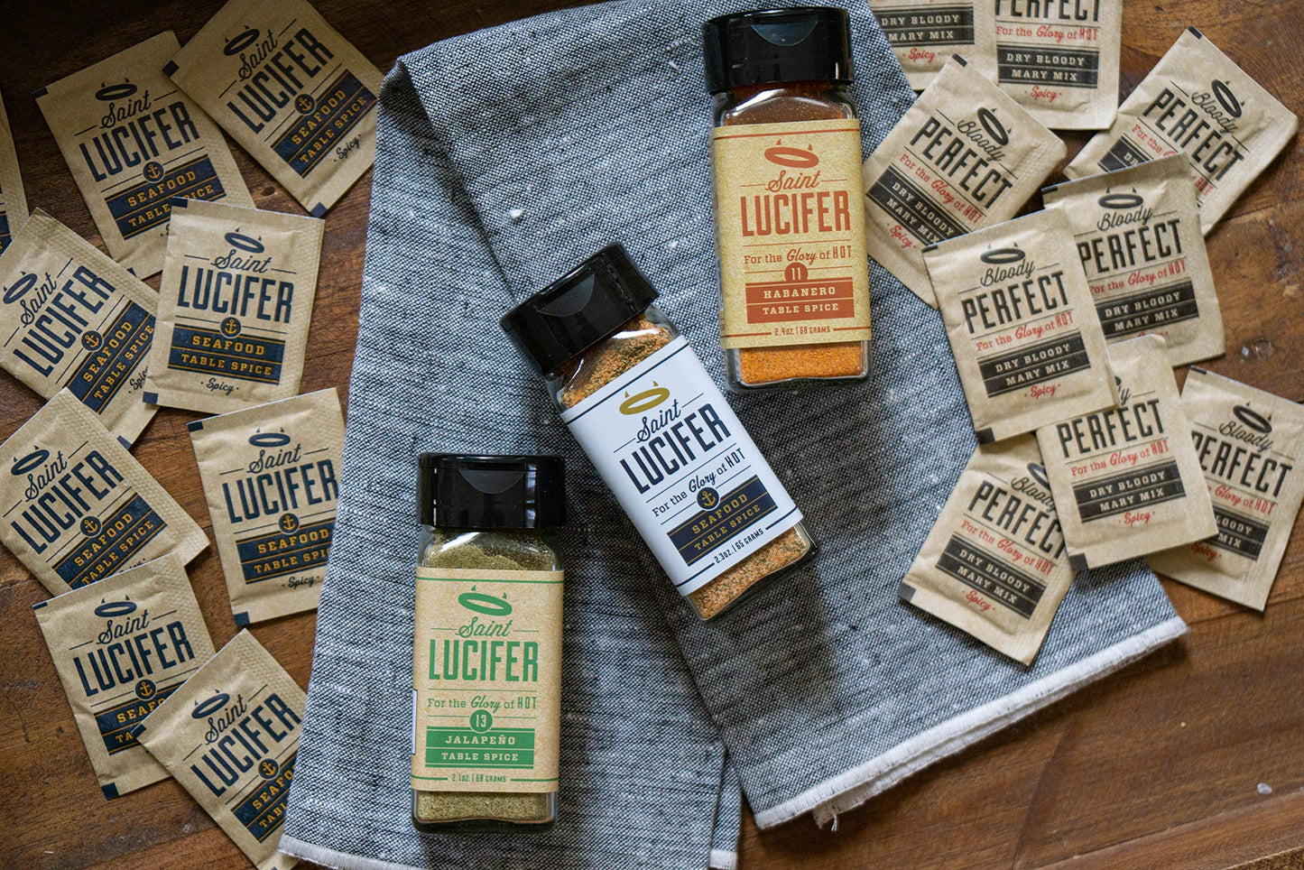 Saint Lucifer, Triple Combo Pack, 3x 2.4 oz | Habanero, Jalapeño, and Seafood Seasonings, Made In The USA, Gluten Free, Sugar Free, Vegan, Vegetarian