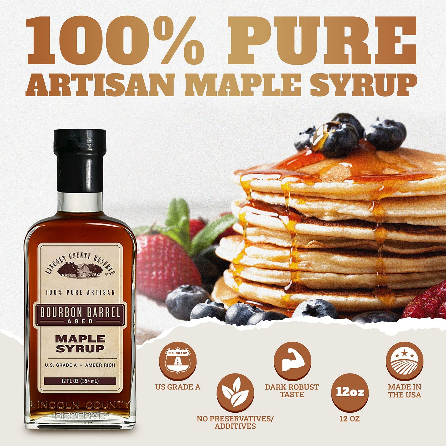 Bourbon Barrel Aged Maple Syrup, Gluten Free Maple Syrup Grade A Amber Rich Taste in Sustainable 12 oz. Glass Bottles, American Made Maple Syrup