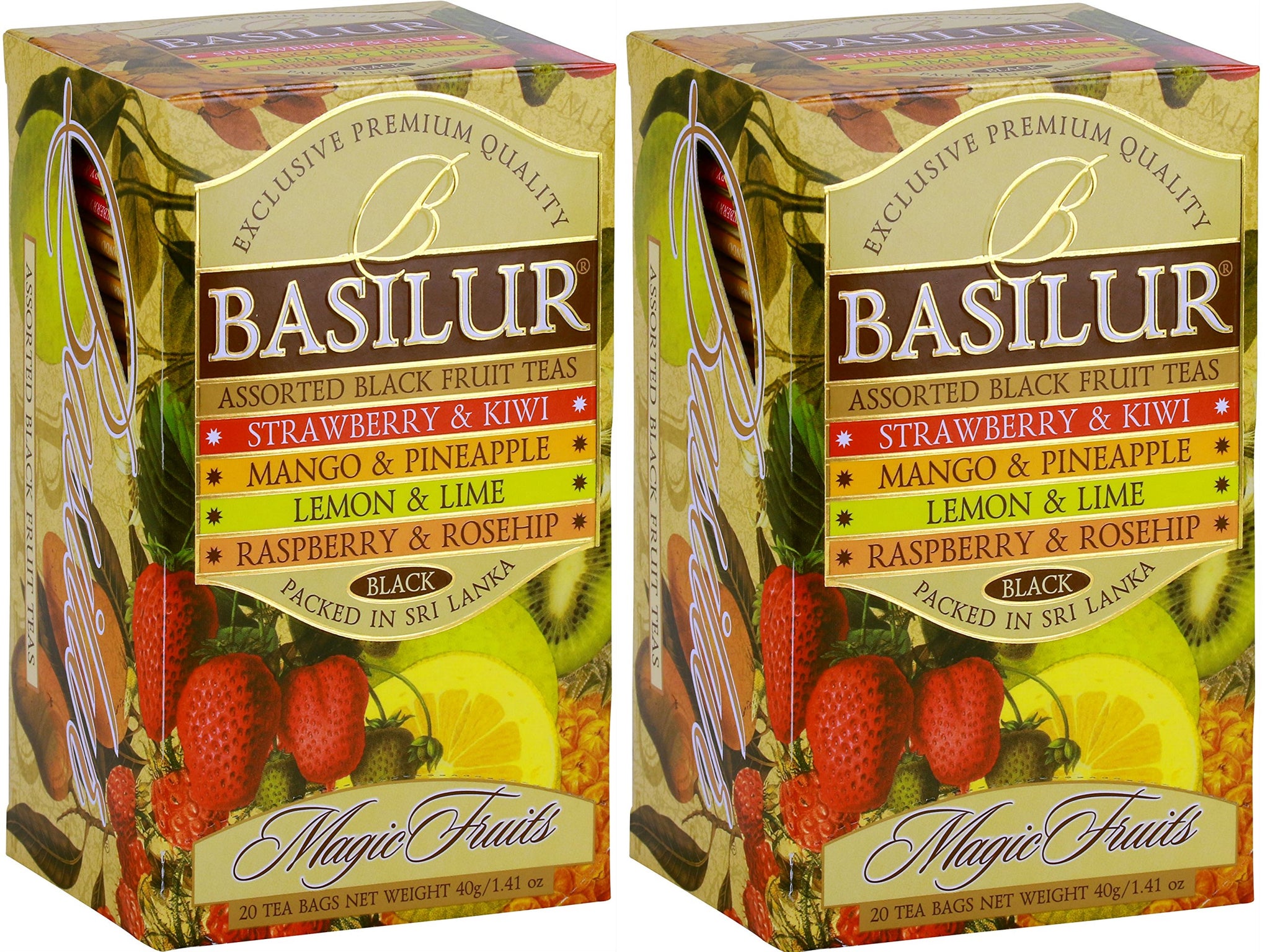 Basilur | Variety Pack Fruit Teas | Magic Fruits Collection | 4 Varities of Fruits teas | 20 Count Foil Enveloped - Pack of 2