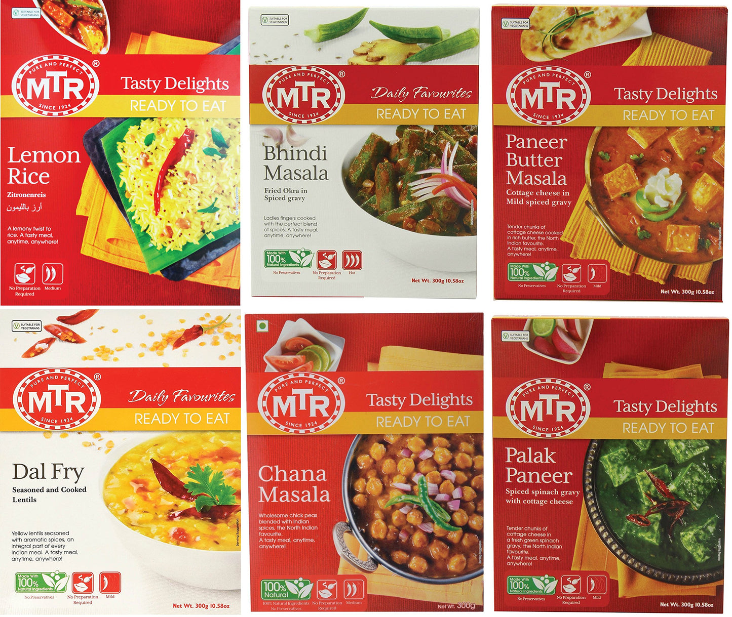 MTR Tasty Delights Variety 6-Pack Ready to Eat Meals - Lemon Rice, Bhindi Masala, Paneer Butter Masala, Dal Fry, Chana Masala, Palak Paneer