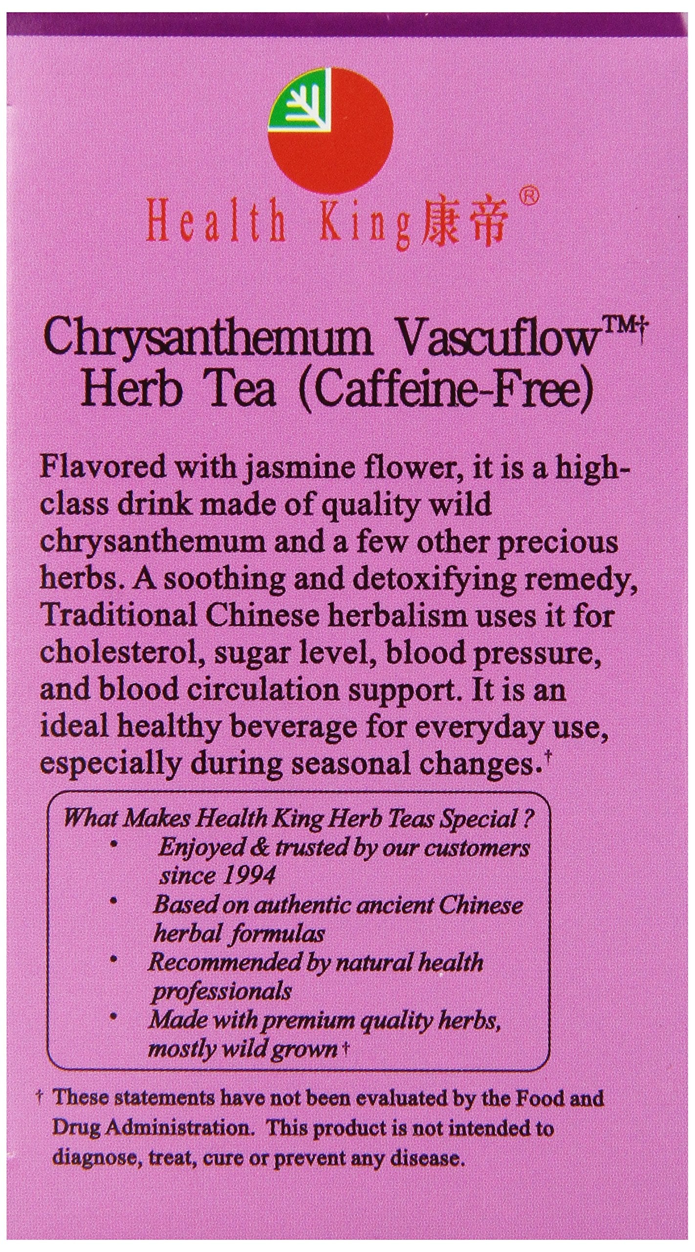 Health King Chrysanthemum Vascuflow Herb Tea, Teabags, 20 Count Box