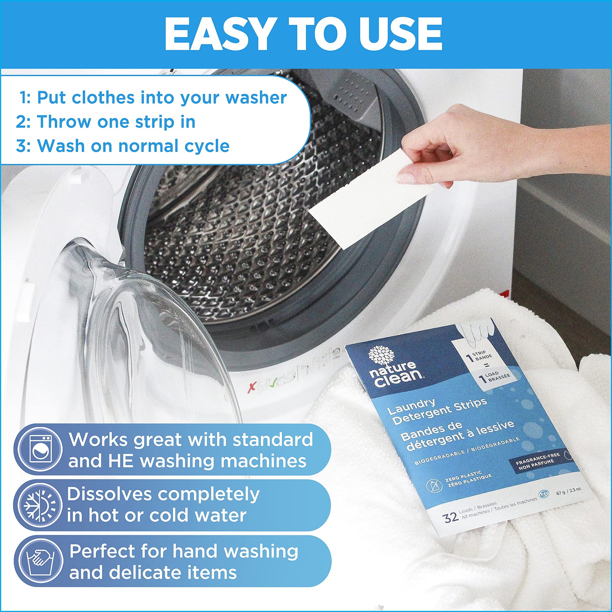 Nature Clean Non-Toxic Laundry Detergent Sheets Unscented 32 counts. Natural Fragrance Free Travel Laundry Detergent Strips & Soap Sheets Scent free