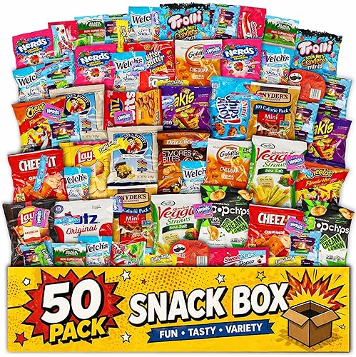 Snack Variety Care Package Gift Box, 50 Count Ready To Gift Assorted Snacks With Cookies Chips Bars Popcorn Crackers For Adults Kids Office Break