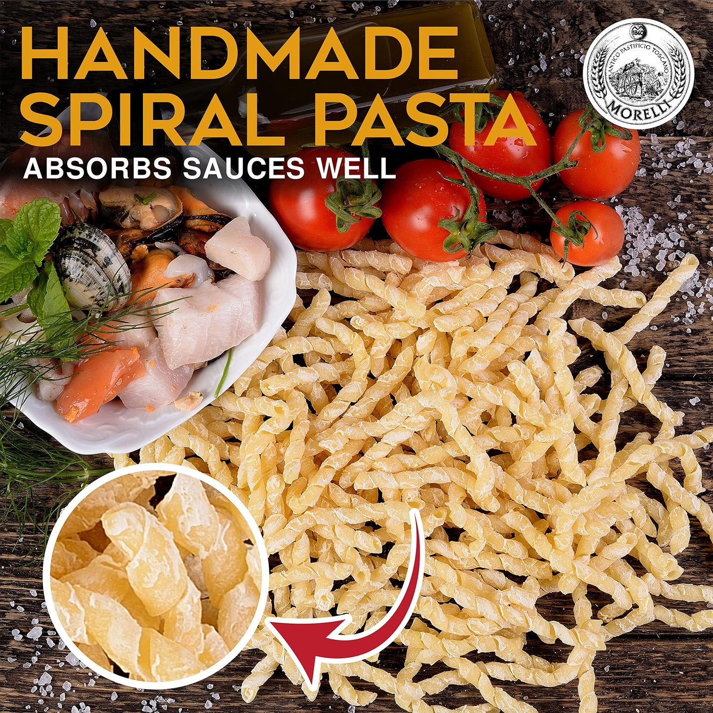 Morelli Spiral Pasta - Organic Premium Durum Wheat Semolina Italian Pasta from Italy - Protein-Rich, Ancient Grains, All Natural, Gourmet Italian
