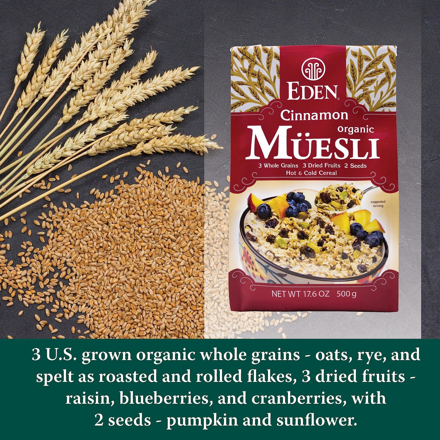 Eden Organic Cinnamon Muesli, No Added Sugars, Oat, Rye, Wheat, and Spelt Flakes, Raisins, Cranberries, Wild Blueberries, Pumpkin and Sunflower Seeds