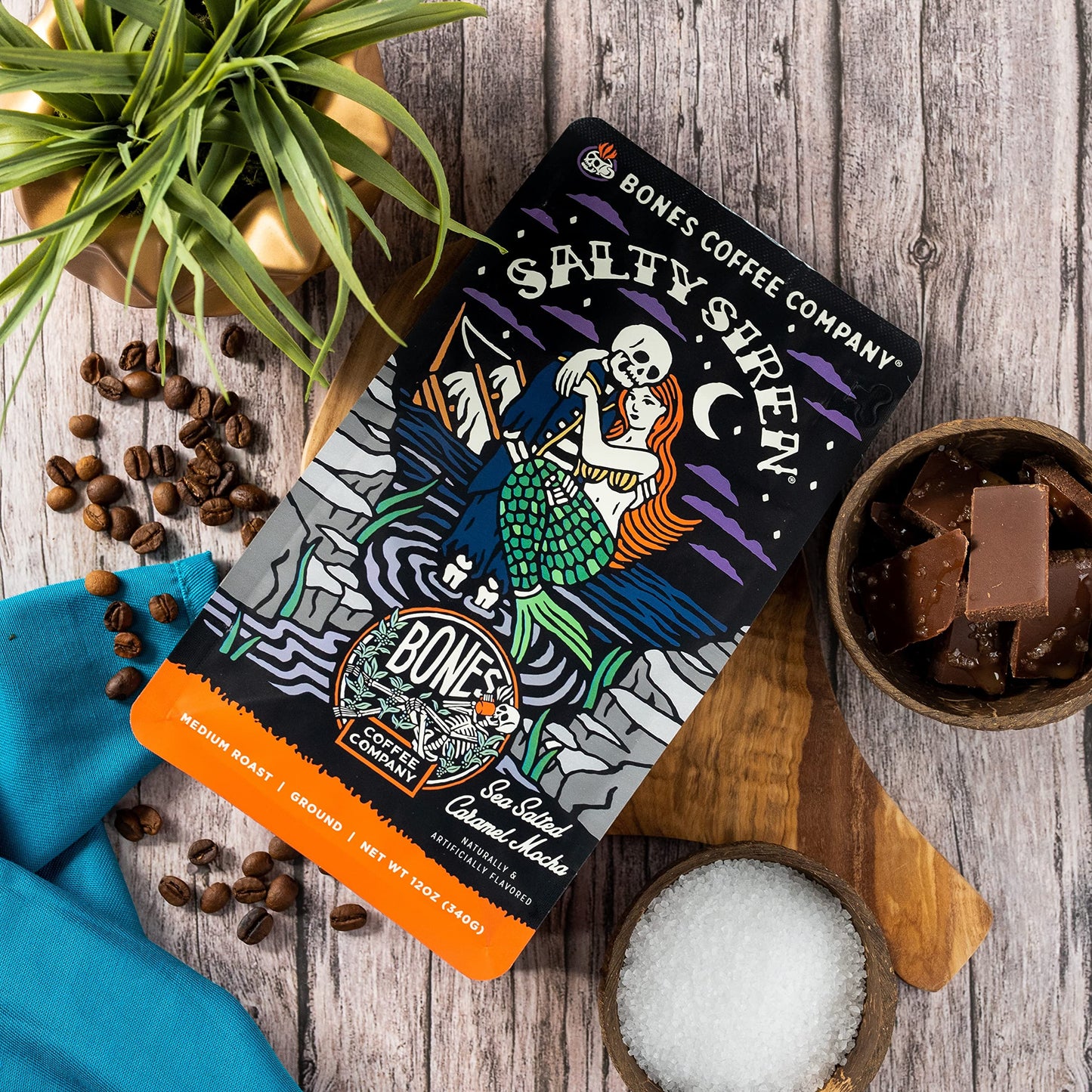 Bones Coffee Company Salty Siren, Sea Salted Caramel Chocolate Flavored Coffee, Medium Roast Low Acid Arabica Beans Compatible with Auto drip