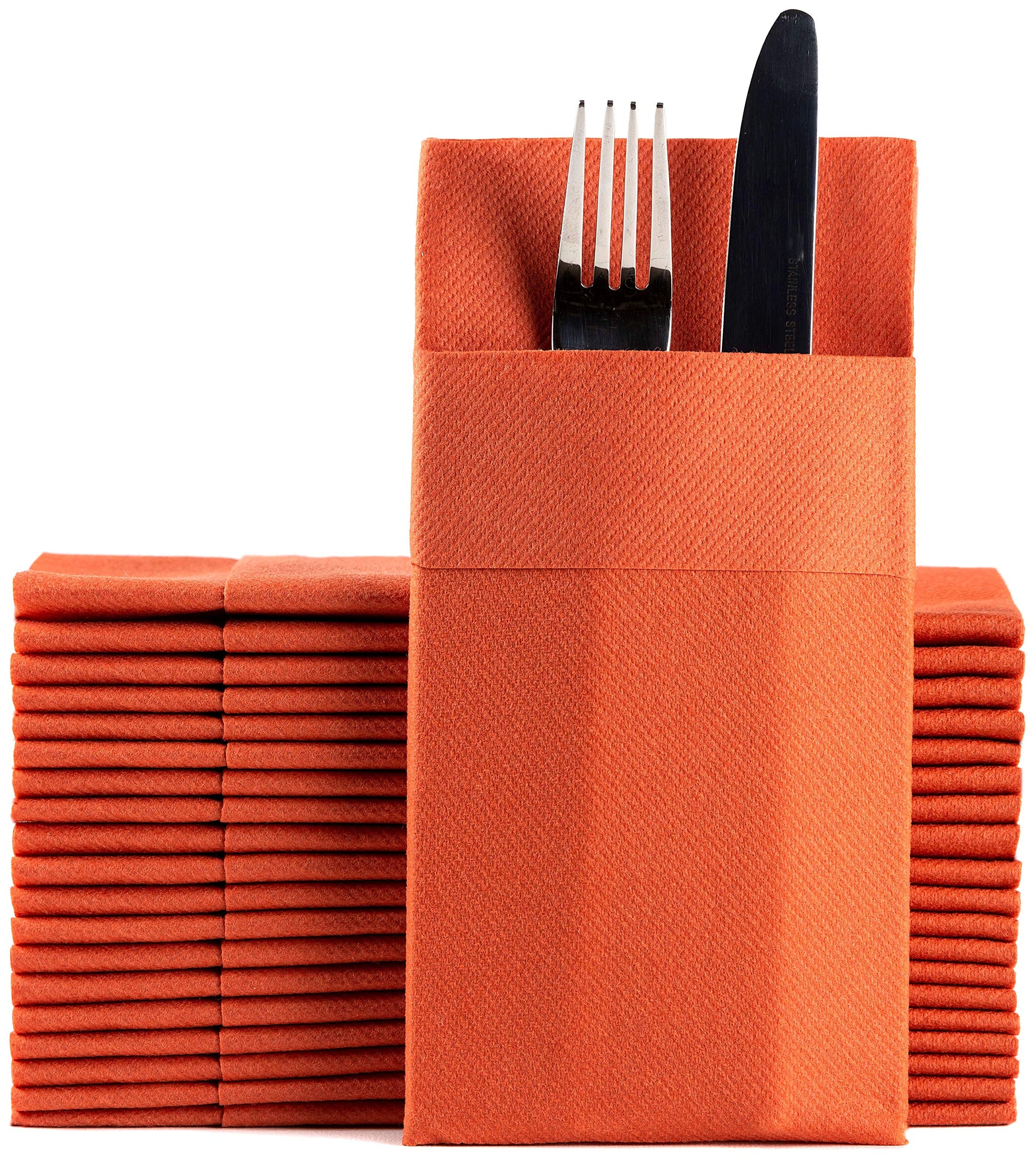 Moyes Home Terracotta Dinner Napkins with Silverware Pocket (50 Pack) - Linen-Feel Disposable Cloth-Like Paper Napkins for Fall Weddings, Thanksgiving